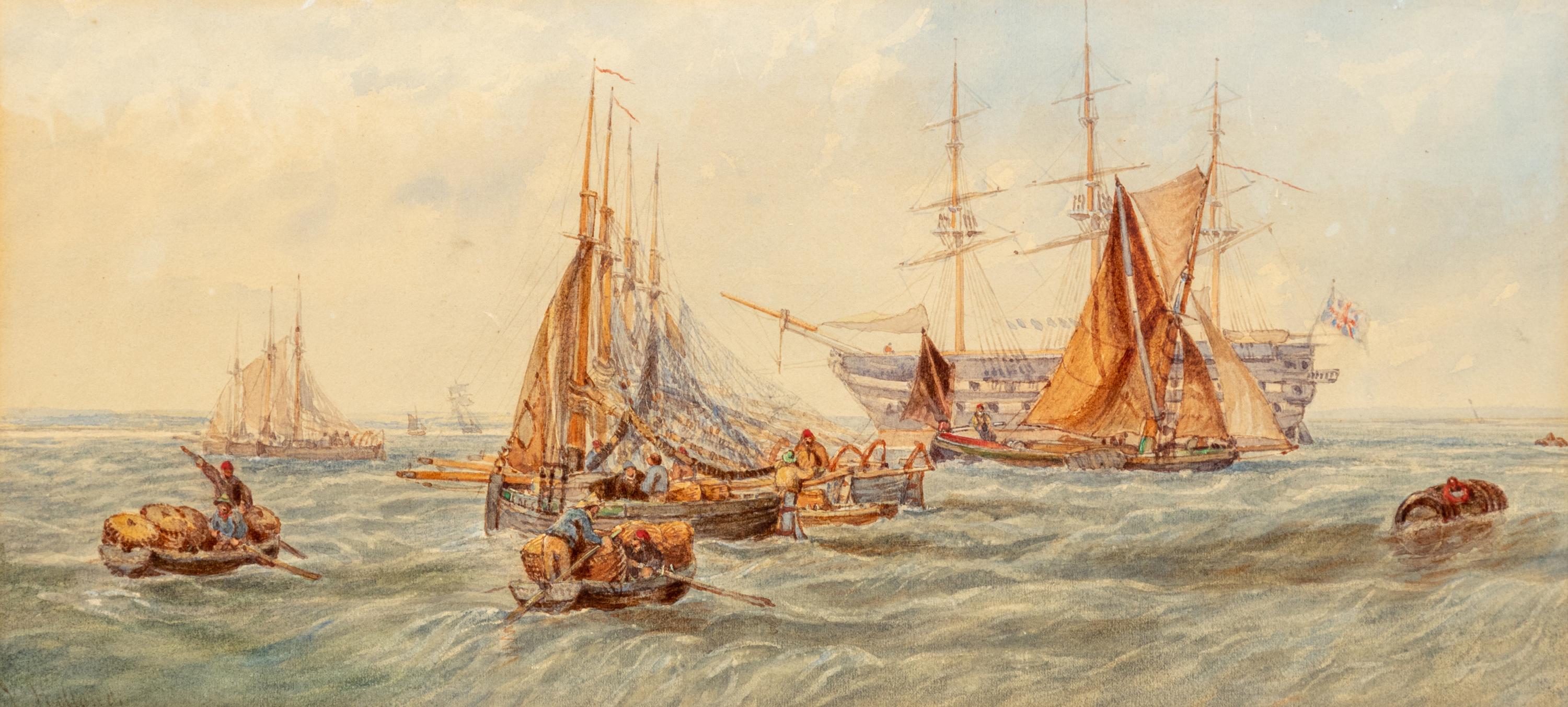 Harbor Scene with Warship and Dinghies
