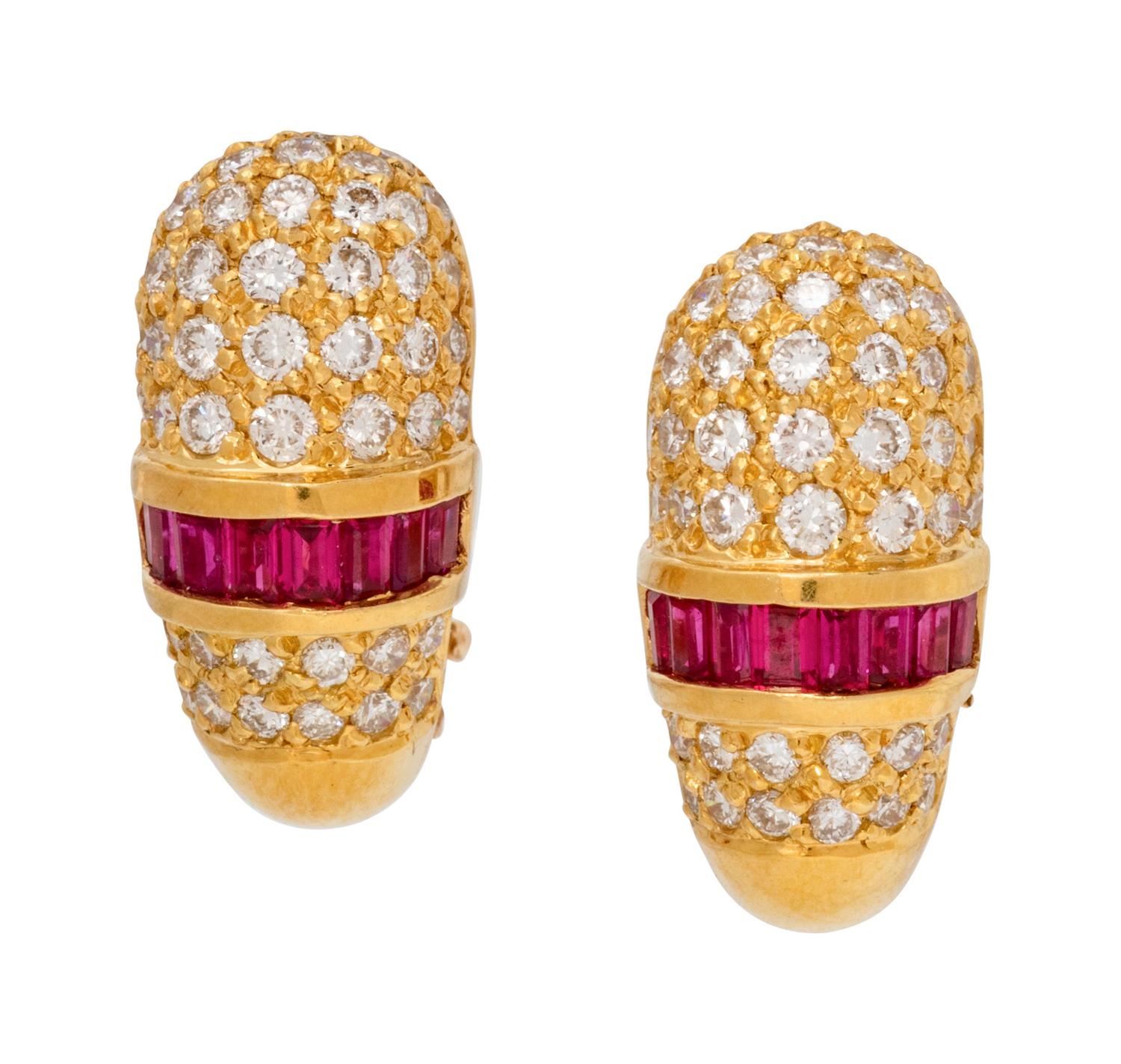 A Pair of 18 Karat Yellow Gold, Diamond and Ruby Earclips, Namdar,
