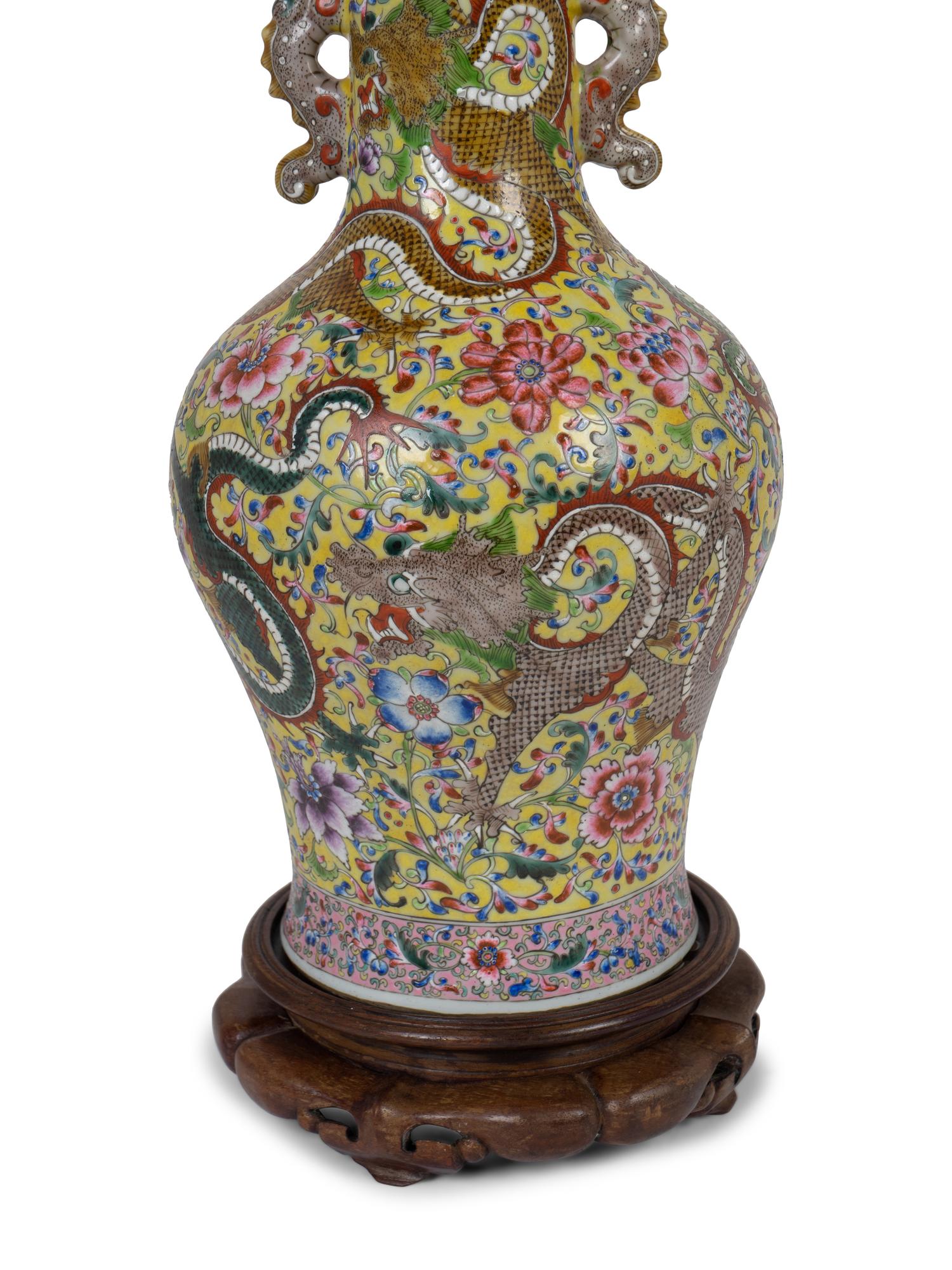 A Chinese Export Famille Jaune Porcelain Dragon Vase Mounted as a Lamp — 19TH/20TH CENTURY
