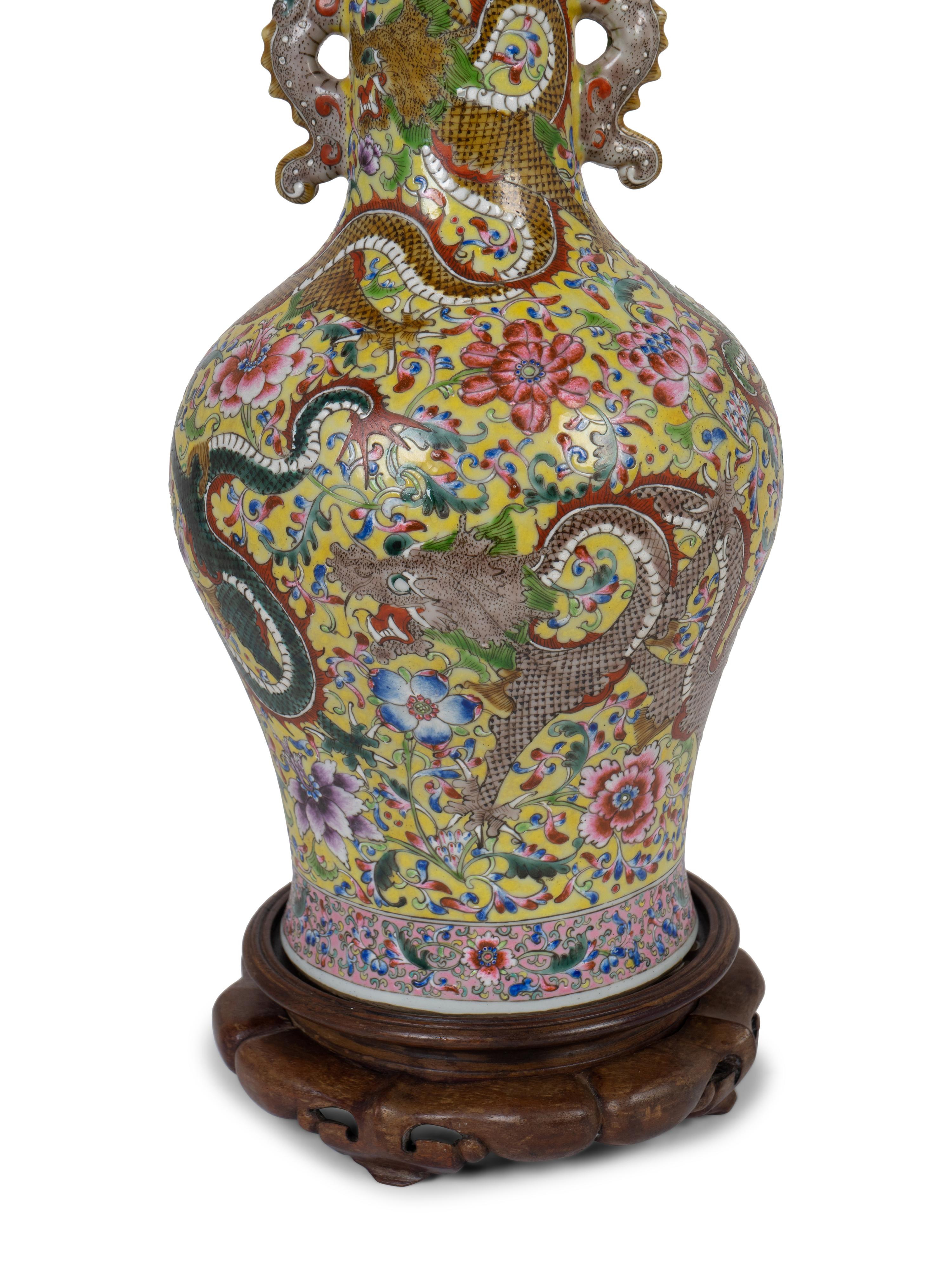A Chinese Export Famille Jaune Porcelain Dragon Vase Mounted as a Lamp — 19TH/20TH CENTURY