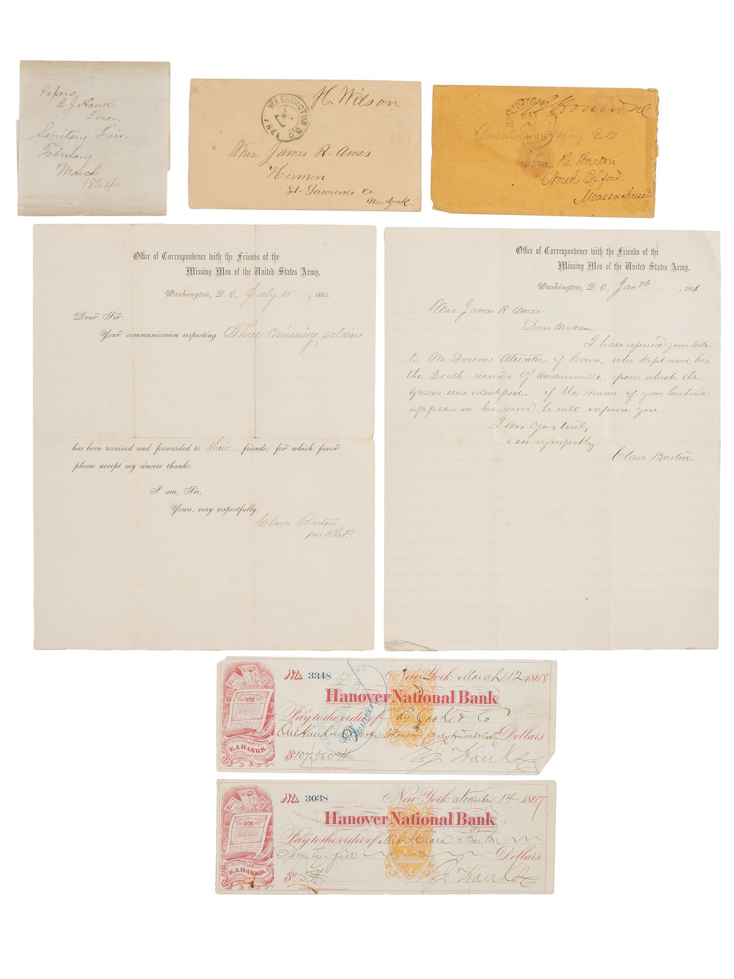 [CLARA BARTON - CIVIL WAR]. ALS and DS by Barton as part of her "Office of Correspondence with the friends of the Missing Men of the United States Army."