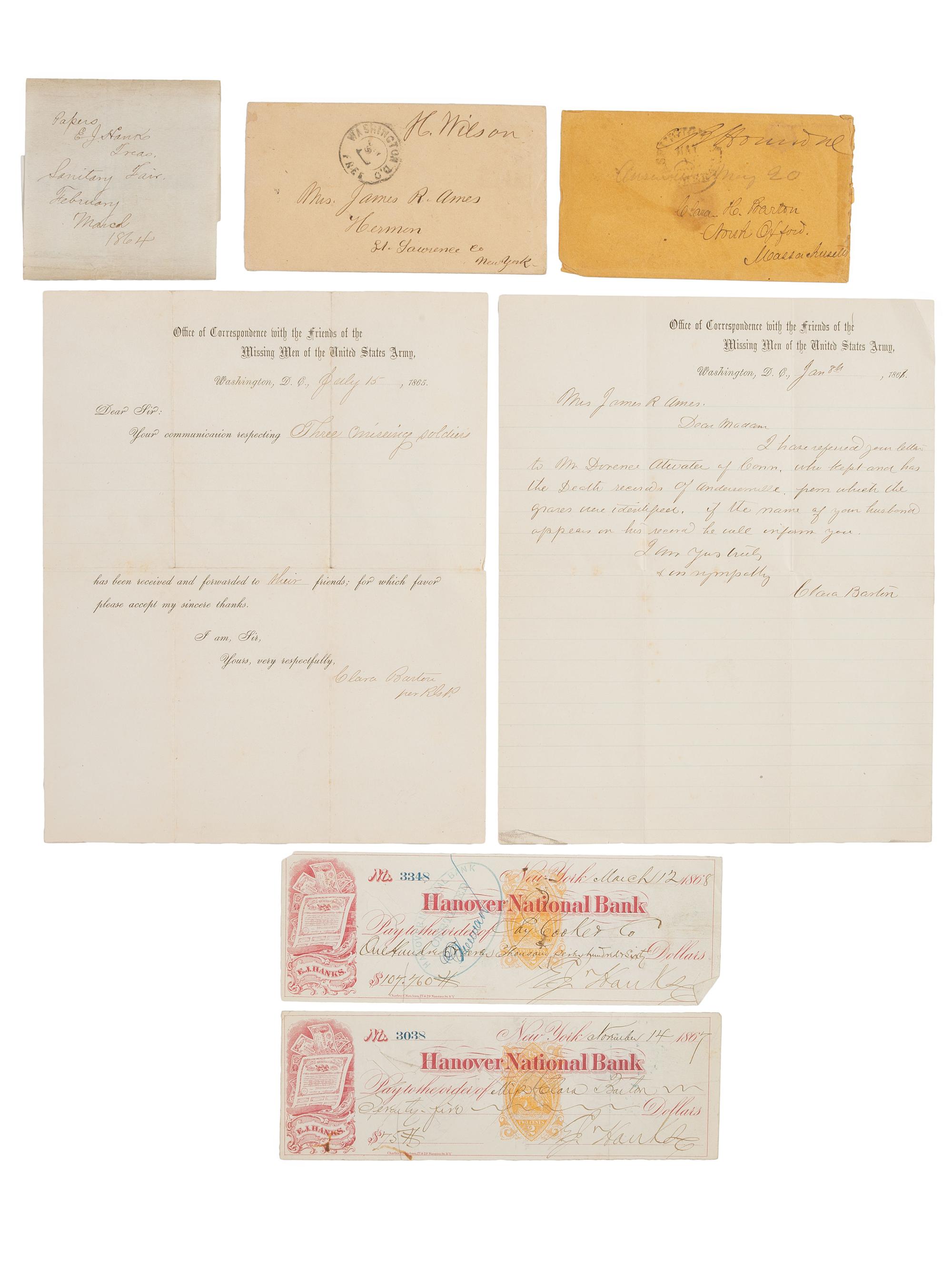[CLARA BARTON - CIVIL WAR]. ALS and DS by Barton as part of her "Office of Correspondence with the friends of the Missing Men of the United States Army."