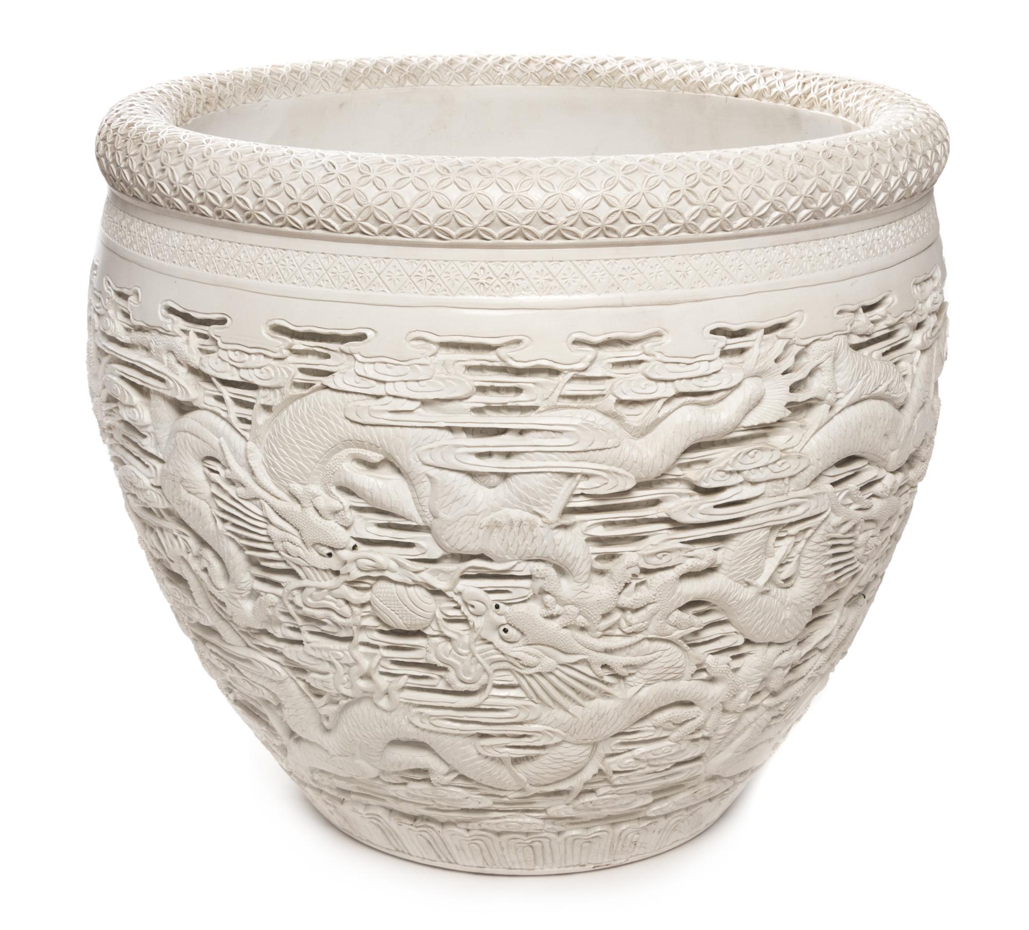 A Chinese Large Carved White Glazed Porcelain Fish Bowl