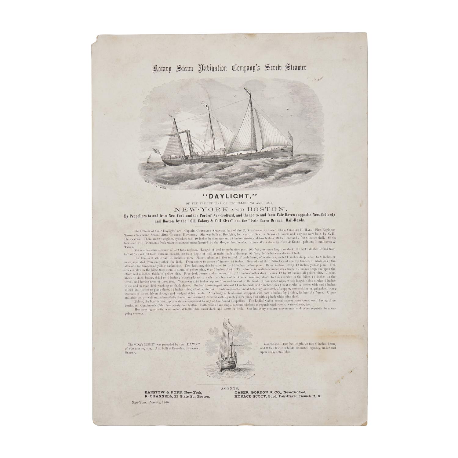[Transportation] Circa 1860 B roadside Advertising the USS Daylight, a Freight Ship Operating Between New York and Boston, Later Acquired by the Union Navy for Service in the Civil War
