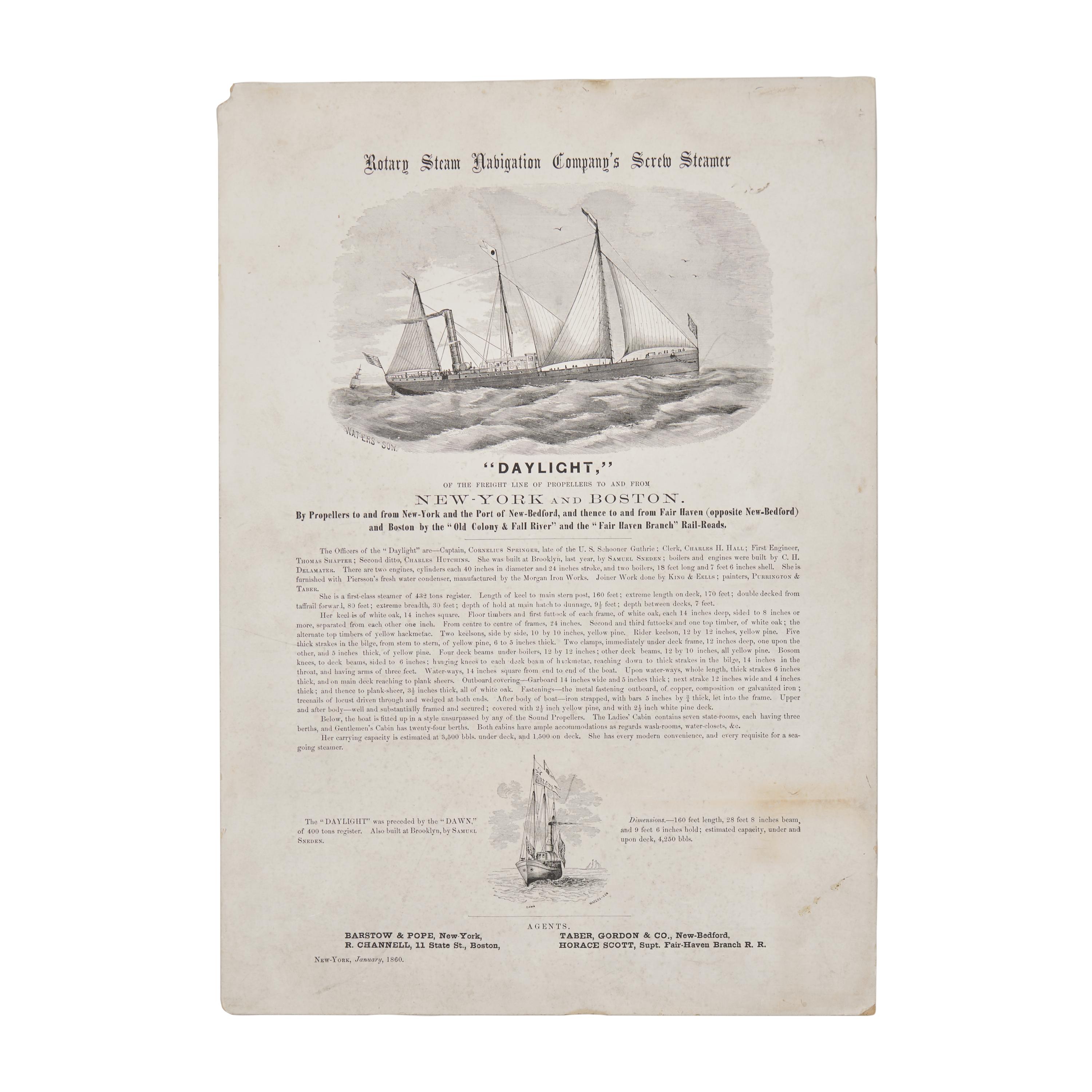 [Transportation] Circa 1860 B roadside Advertising the USS Daylight, a Freight Ship Operating Between New York and Boston, Later Acquired by the Union Navy for Service in the Civil War
