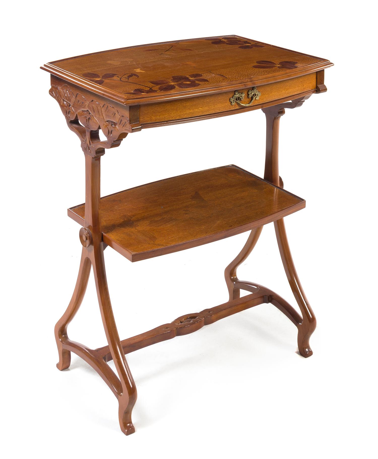 Art Nouveau, FRANCE, EARLY 20TH CENTURY, a marquetry and satinwood two-tier pastry table, tiers worked to show architectural landscapes