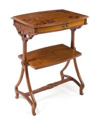Art Nouveau, FRANCE, EARLY 20TH CENTURY, a marquetry and satinwood two-tier pastry table, tiers worked to show architectural landscapes