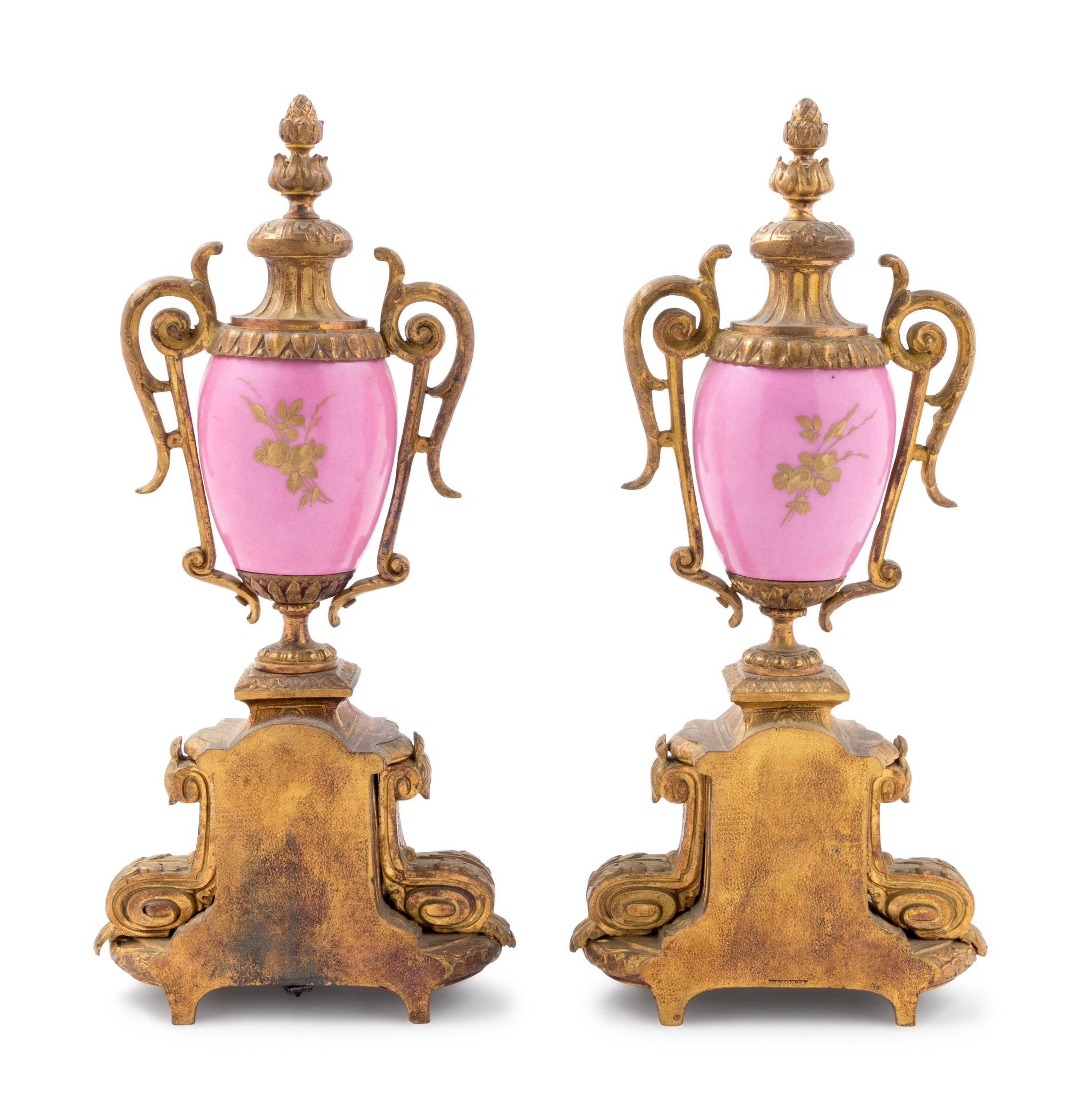 A Pair of Sèvres Style Gilt Metal Mounted Painted Porcelain Ornaments