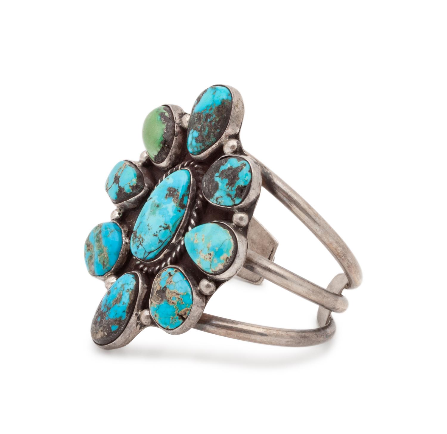 Navajo Silver and Turquoise Cluster Cuff Bracelet