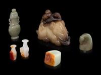 Six Chinese Celadon and Russet Jade Articles