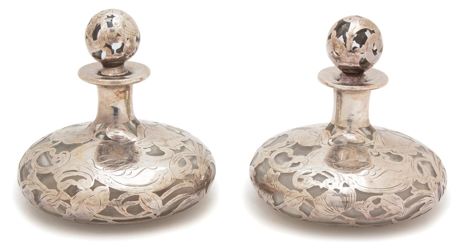 A Pair of Art Nouveau Silver Overlay Glass Perfumes Height 5 inches. — EARLY 20TH CENTURY
