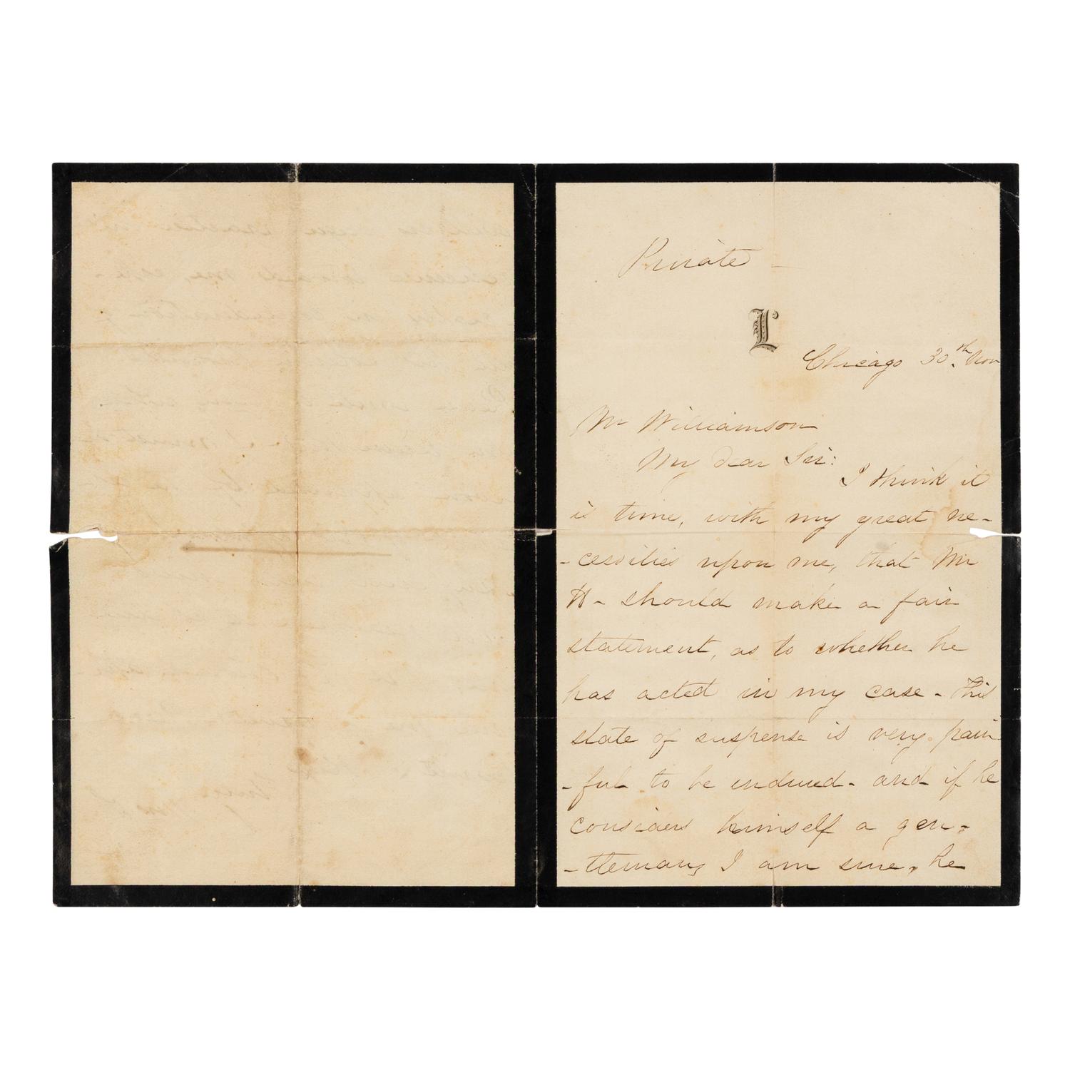 LINCOLN, Mary Todd (1818-1882). Autograph letter signed ("Mrs. L.") to Alexander Williamson. Chicago, 30 November 1866.