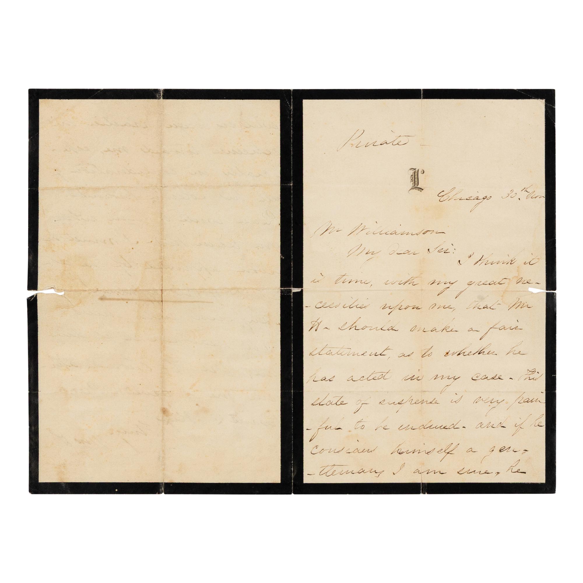 LINCOLN, Mary Todd (1818-1882). Autograph letter signed ("Mrs. L.") to Alexander Williamson. Chicago, 30 November 1866.