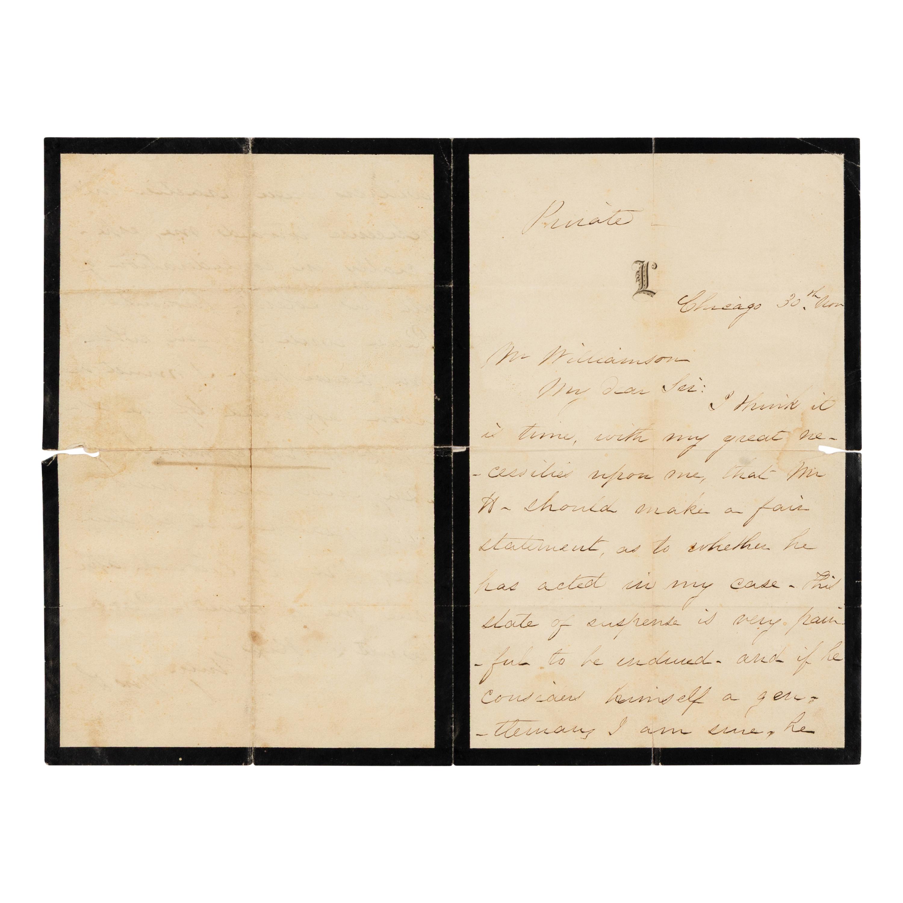 LINCOLN, Mary Todd (1818-1882). Autograph letter signed ("Mrs. L.") to Alexander Williamson. Chicago, 30 November 1866.