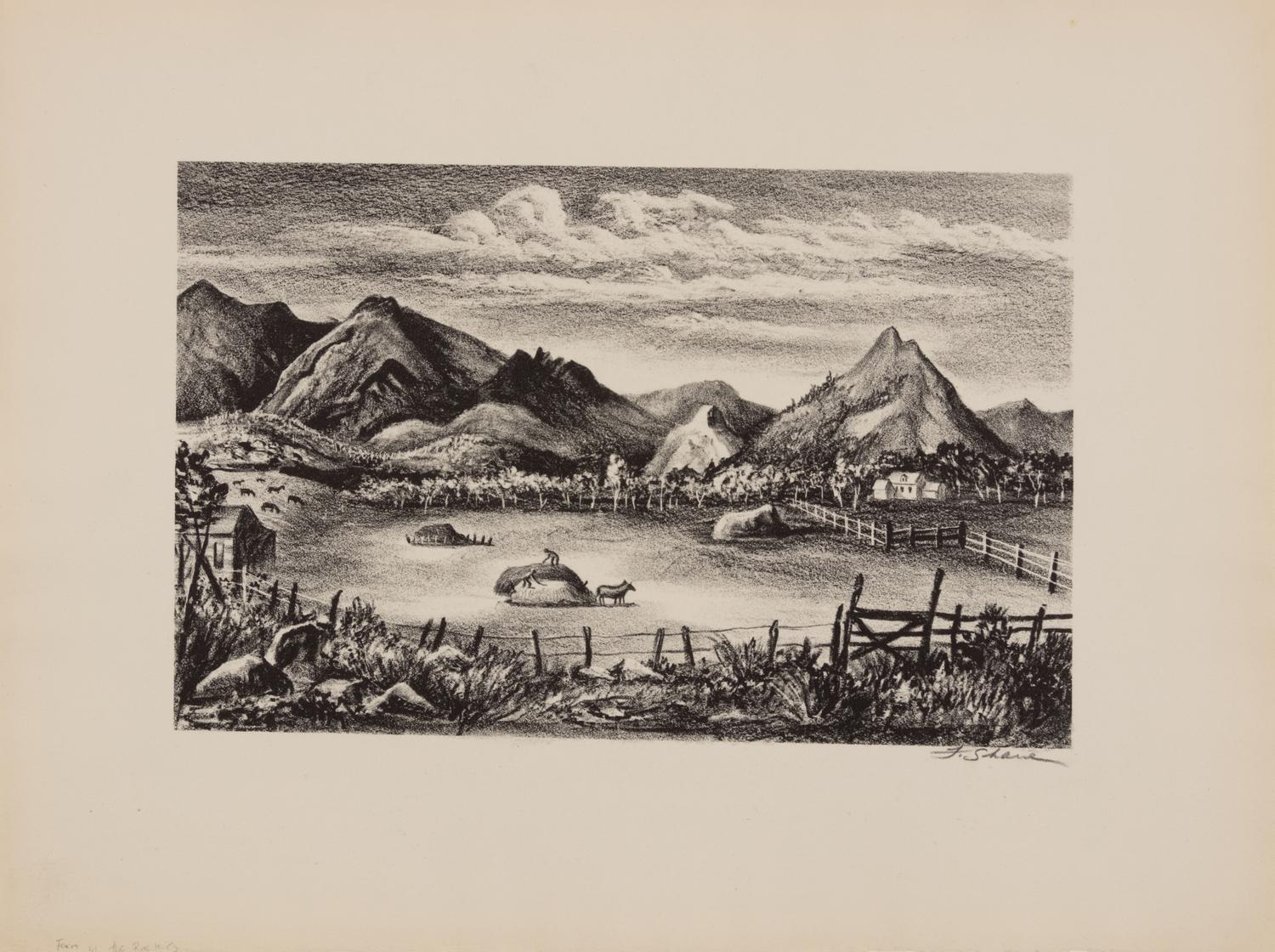 A group of four American prints (Philip Cheney, Sweet Water ; Fred Shane, Farm in the Rockies ; Lynd Ward, The Corral - Tres Cumbres ; Edward A. Wilson, Hog Back Meeting House )