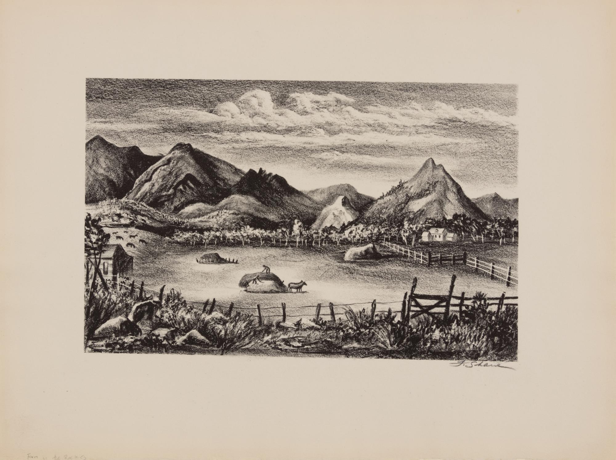 A group of four American prints (Philip Cheney, Sweet Water ; Fred Shane, Farm in the Rockies ; Lynd Ward, The Corral - Tres Cumbres ; Edward A. Wilson, Hog Back Meeting House )