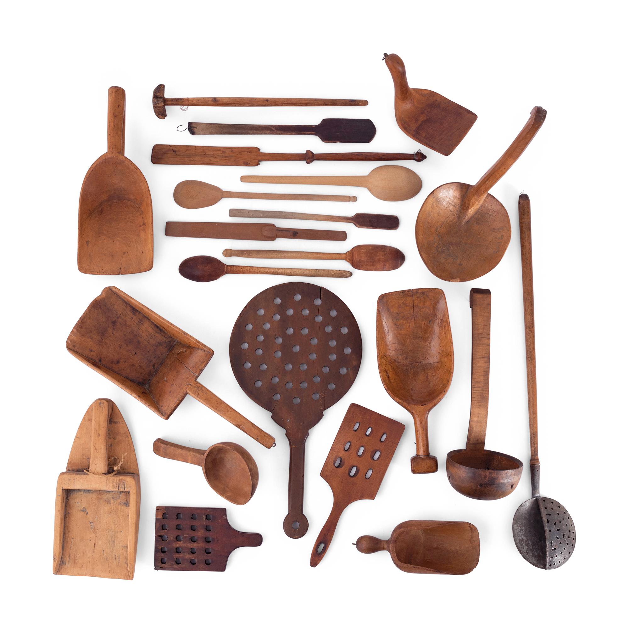 A Group of Wood Grain Scoops, Spoons and Other Utensils