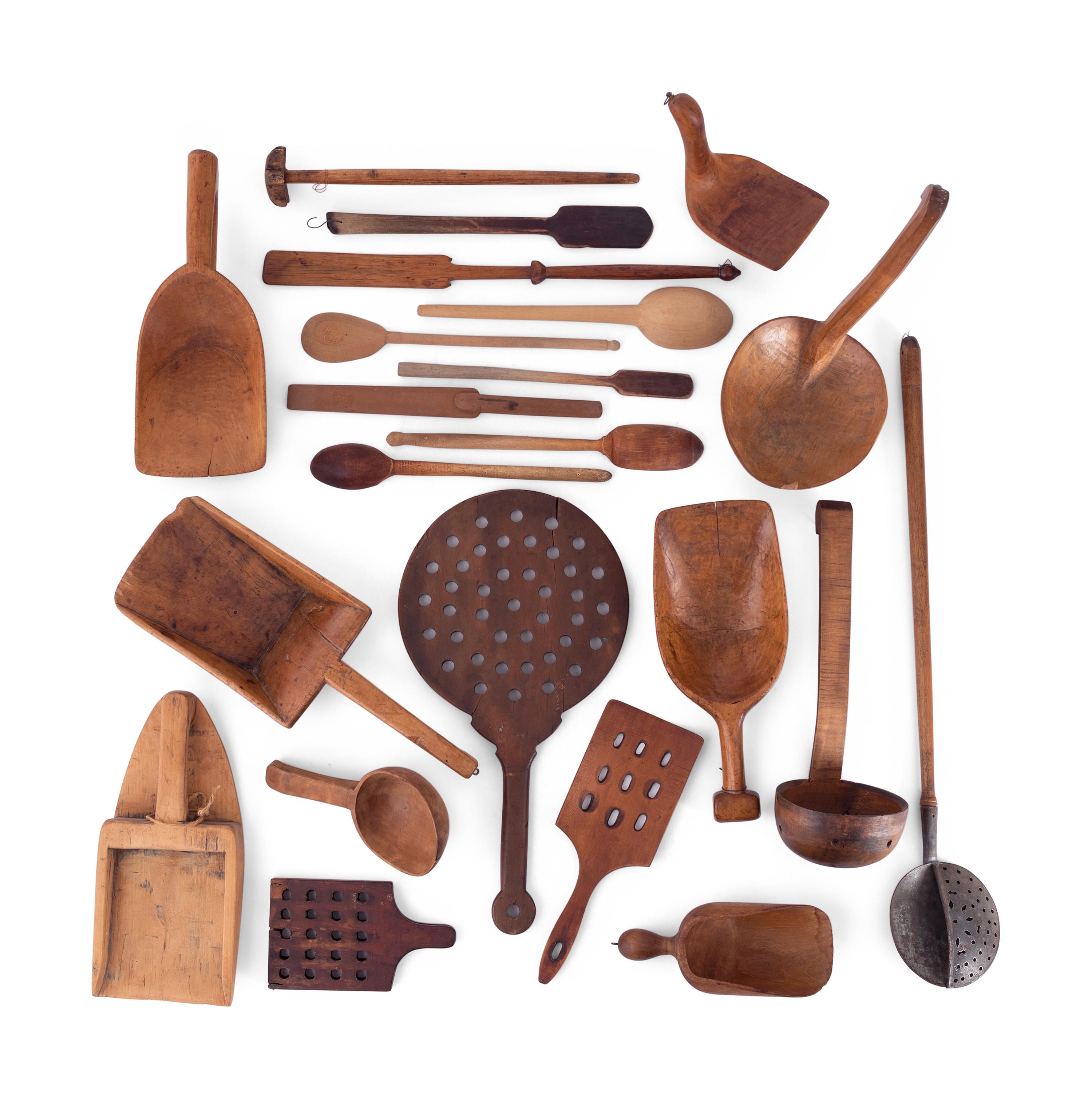 A Group of Wood Grain Scoops, Spoons and Other Utensils
