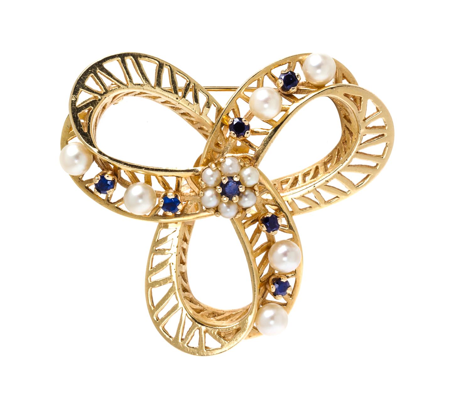 A 14 Karat Yellow Gold, Cultured Pearl and Sapphire Knot Motif Brooch, 11.10 dwts.