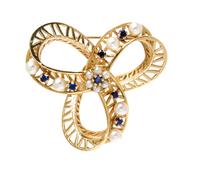 A 14 Karat Yellow Gold, Cultured Pearl and Sapphire Knot Motif Brooch, 11.10 dwts.