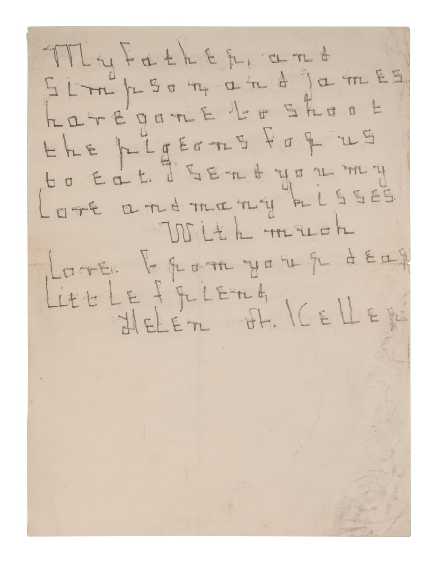 KELLER, Helen Adams (1880-1968). Autograph note signed ("Helen A. Keller") to an unidentified recipient. [Tuscumbia, AL, 23 July 1889].