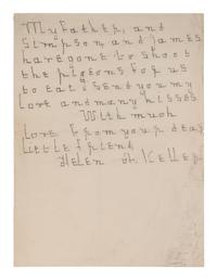 KELLER, Helen Adams (1880-1968). Autograph note signed ("Helen A. Keller") to an unidentified recipient. [Tuscumbia, AL, 23 July 1889].