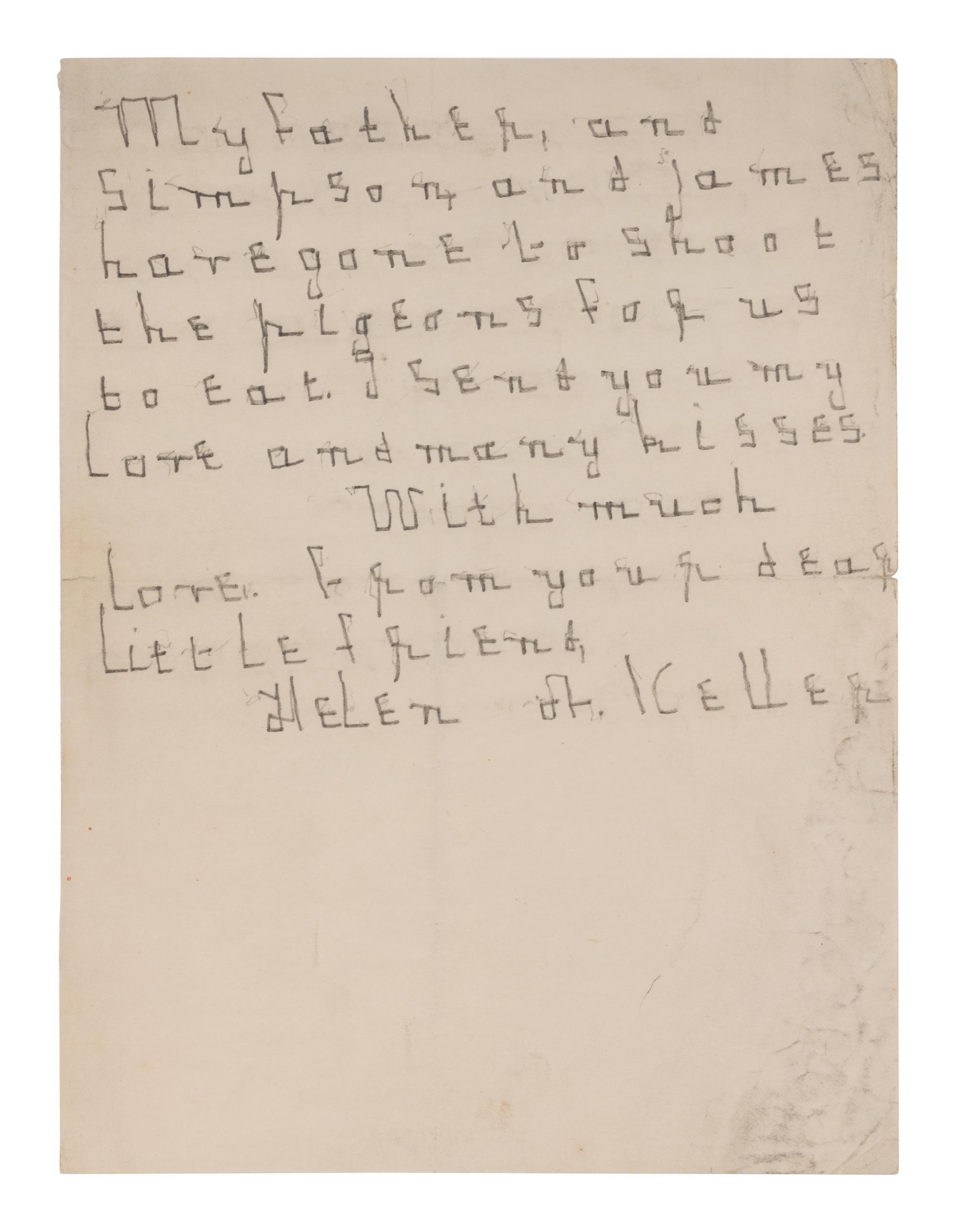 KELLER, Helen Adams (1880-1968). Autograph note signed ("Helen A. Keller") to an unidentified recipient. [Tuscumbia, AL, 23 July 1889].