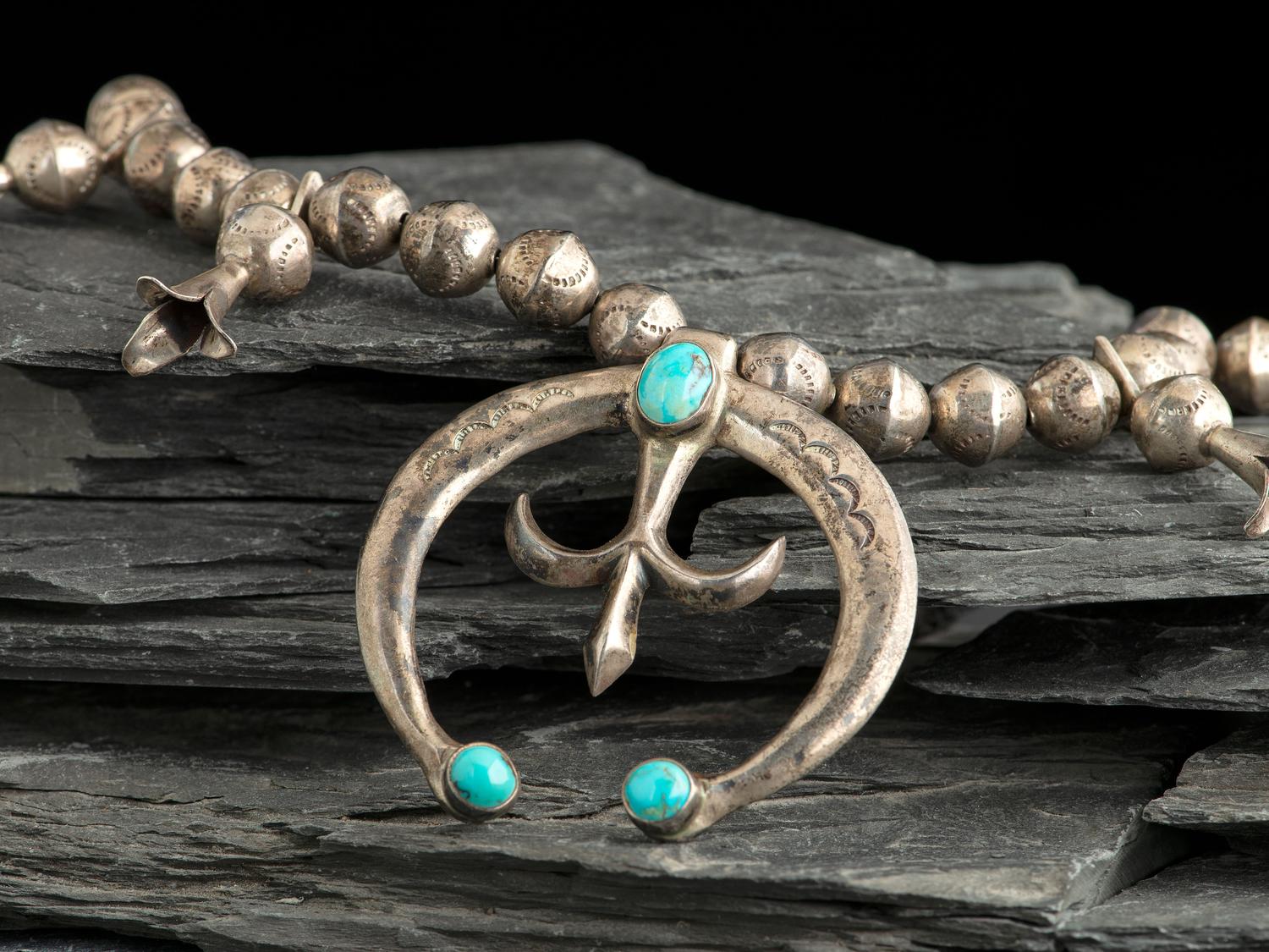 Navajo Silver and Turquoise Squash Blossom Necklace