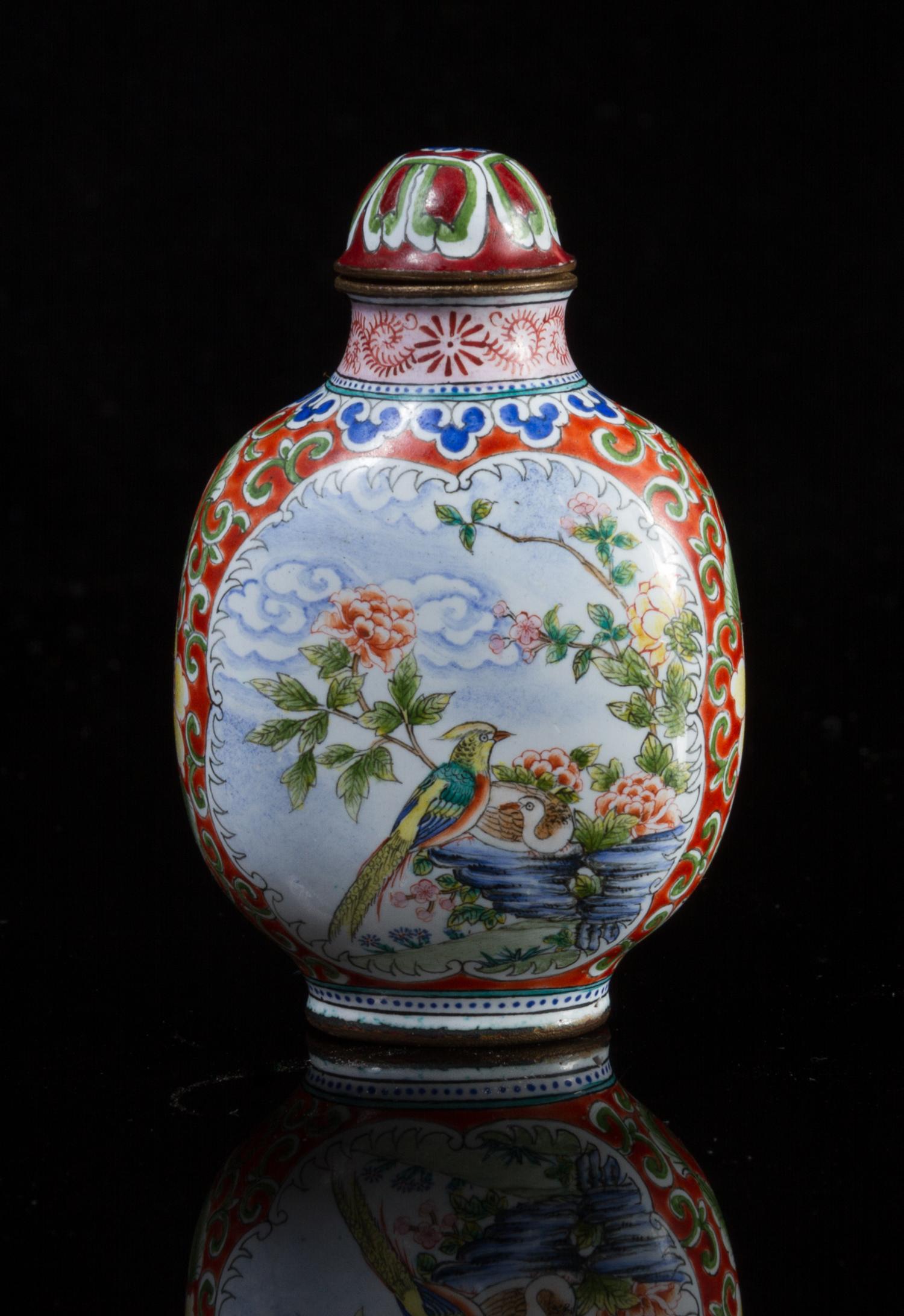 A Canton Enamel Snuff Bottle Height 2 3/8 inches.