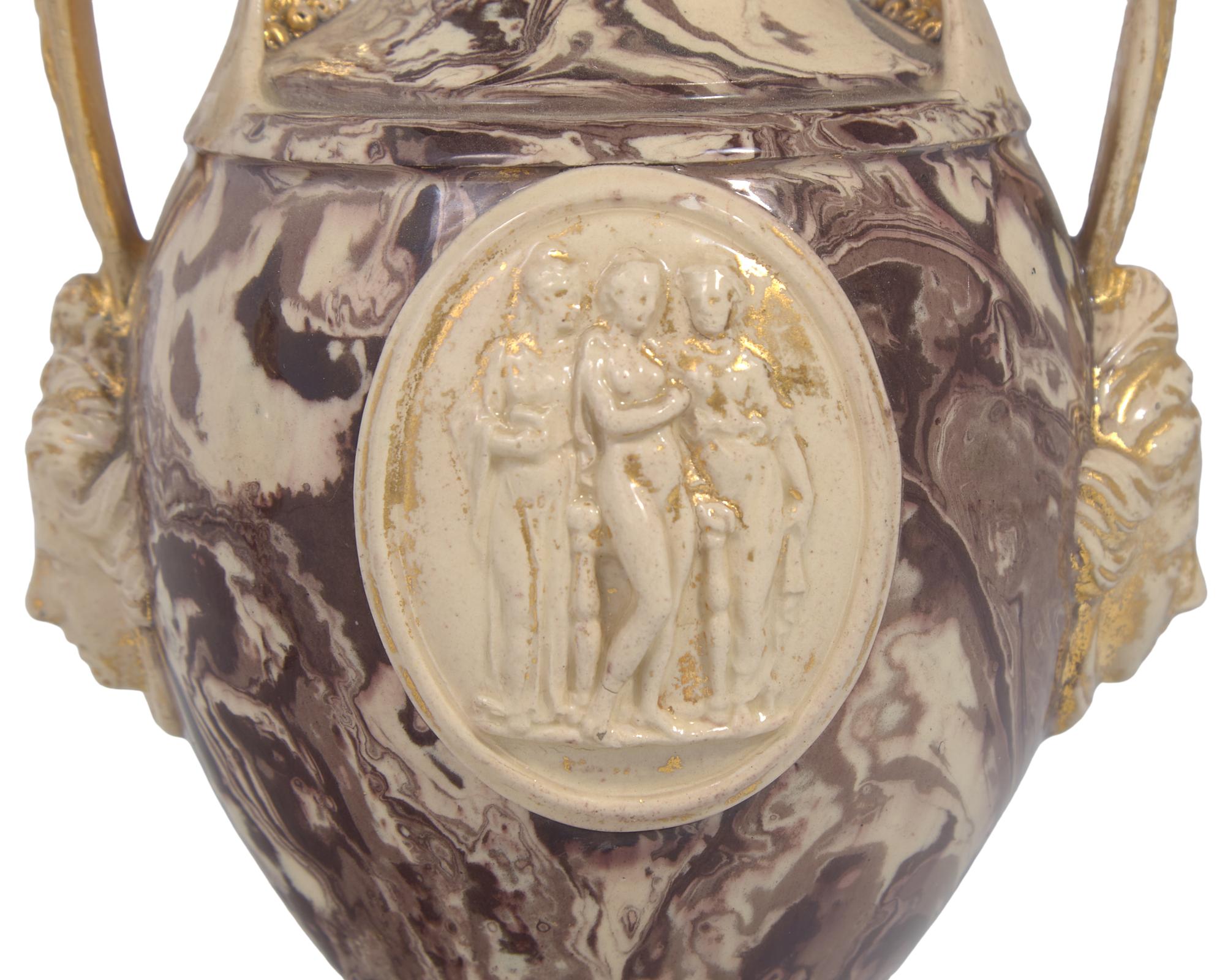 A Pair of Wedgwood and Bentley Agateware Covered Urns with Applied Intaglios
