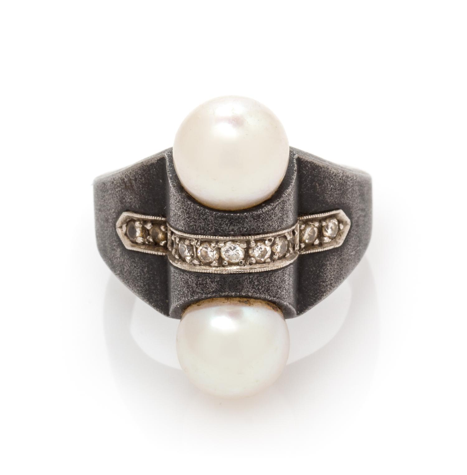 An Art Moderne Blackened Steel, White Gold and Cultured Pearl Ring, Marsh & Co., 16.20 dwts.