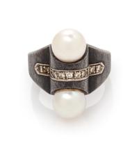 An Art Moderne Blackened Steel, White Gold and Cultured Pearl Ring, Marsh & Co., 16.20 dwts.