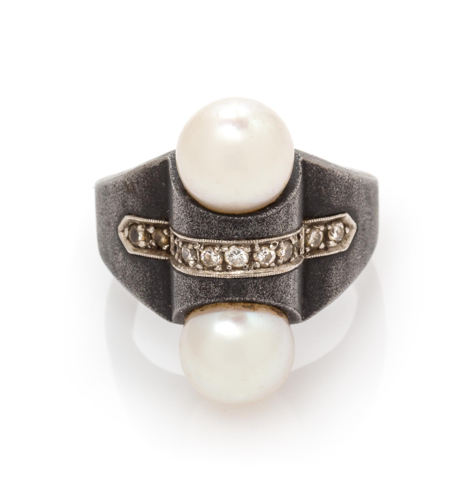 An Art Moderne Blackened Steel, White Gold and Cultured Pearl Ring, Marsh & Co., 16.20 dwts.