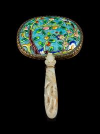 A Chinese Jade Inset Enameled Hand Mirror
