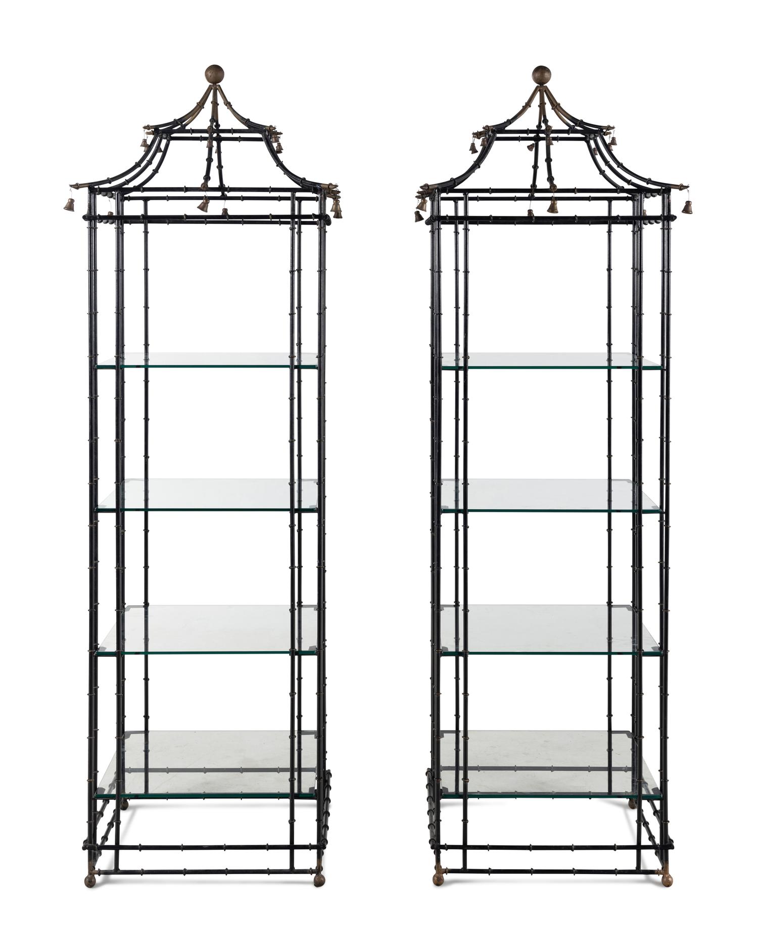 A Pair of Painted Metal Pagoda-Form Etageres