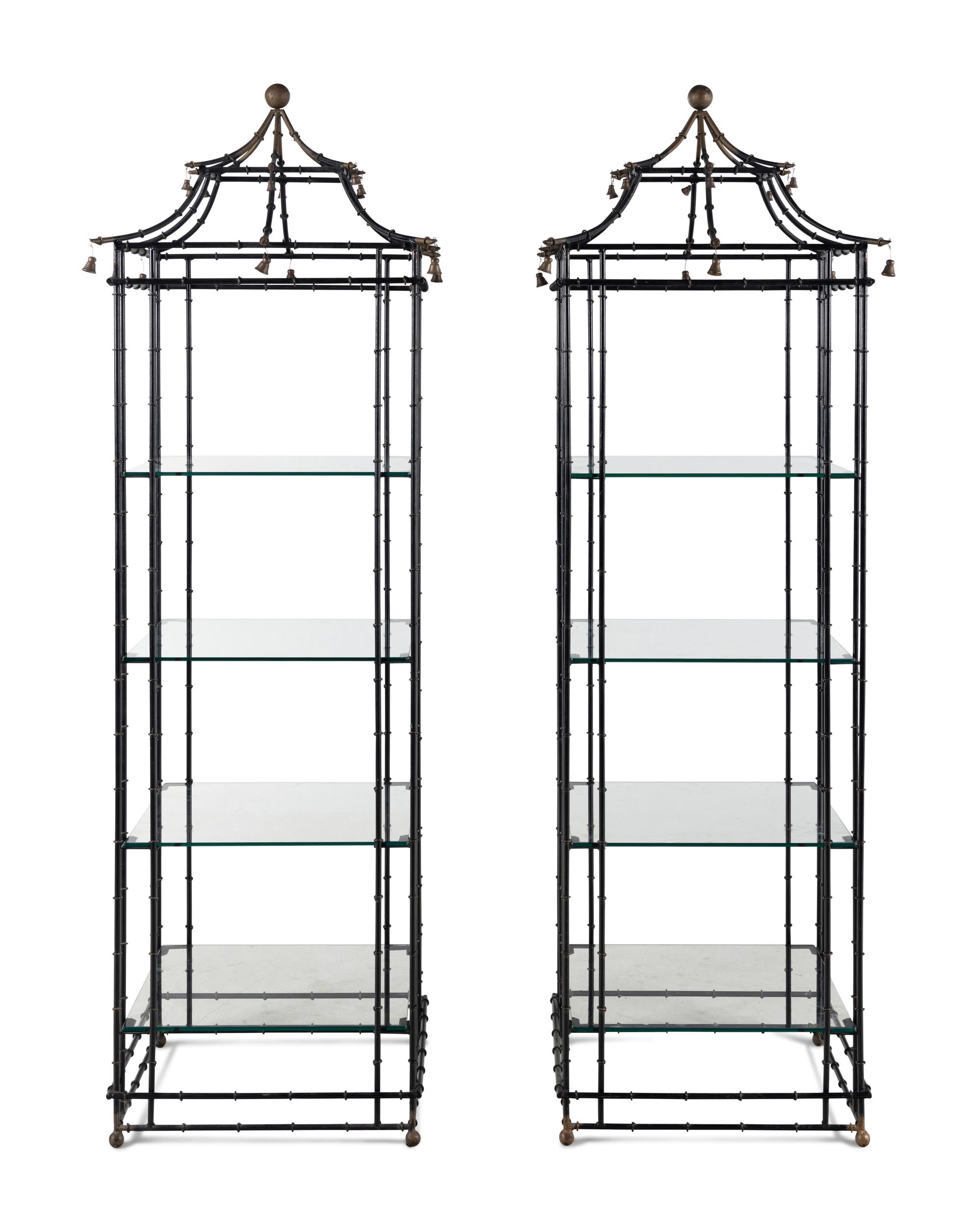 A Pair of Painted Metal Pagoda-Form Etageres
