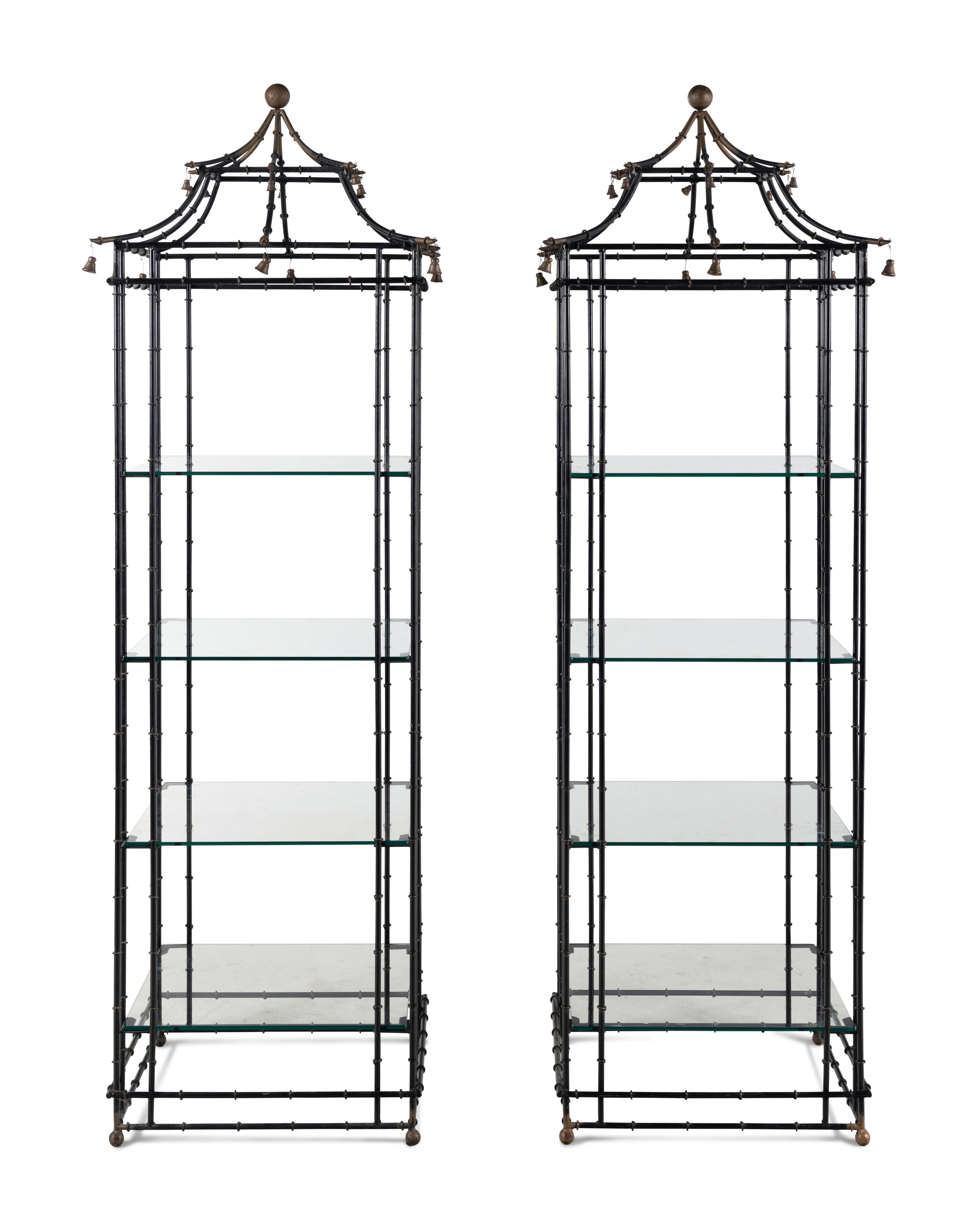 A Pair of Painted Metal Pagoda-Form Etageres
