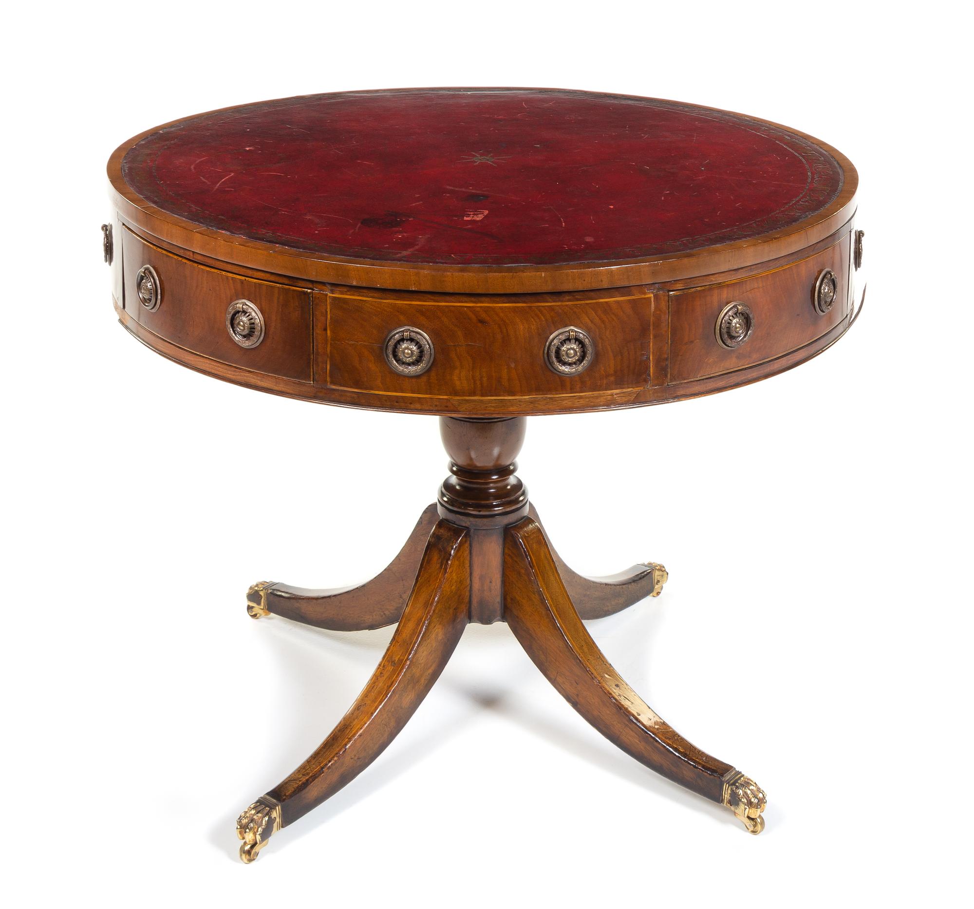 A Regency Style Mahogany Drum Table Height 29 x diameter of top 36 1/2 inches. — LATE 19TH/EARLY 20TH CENTURY