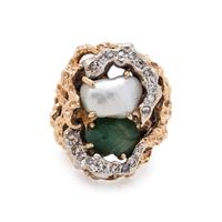 EMERALD, CULTURED BAROQUE PEARL AND DIAMOND RING