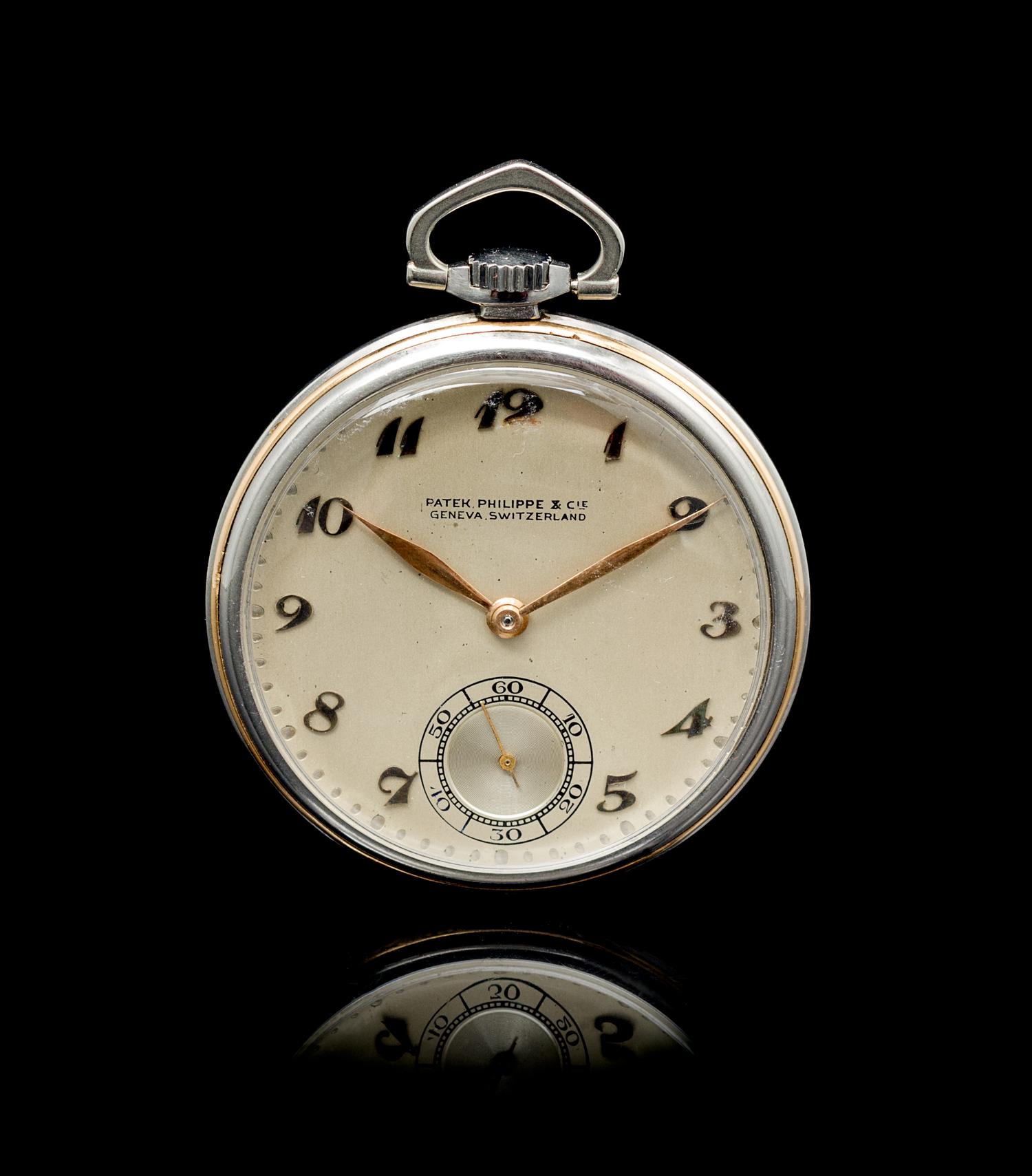 A Steel and Rose Gold Open Face Pocket Watch, Patek Philippe,