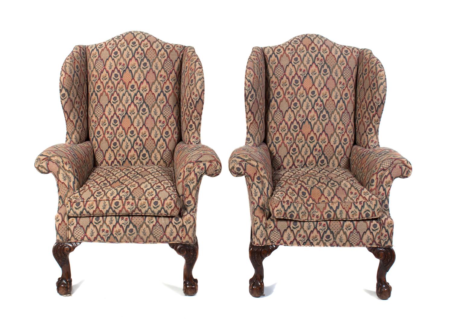 A Pair of Queen Anne Style Wingback Armchairs Height 45 1/2 inches. — LATE 19TH CENTURY