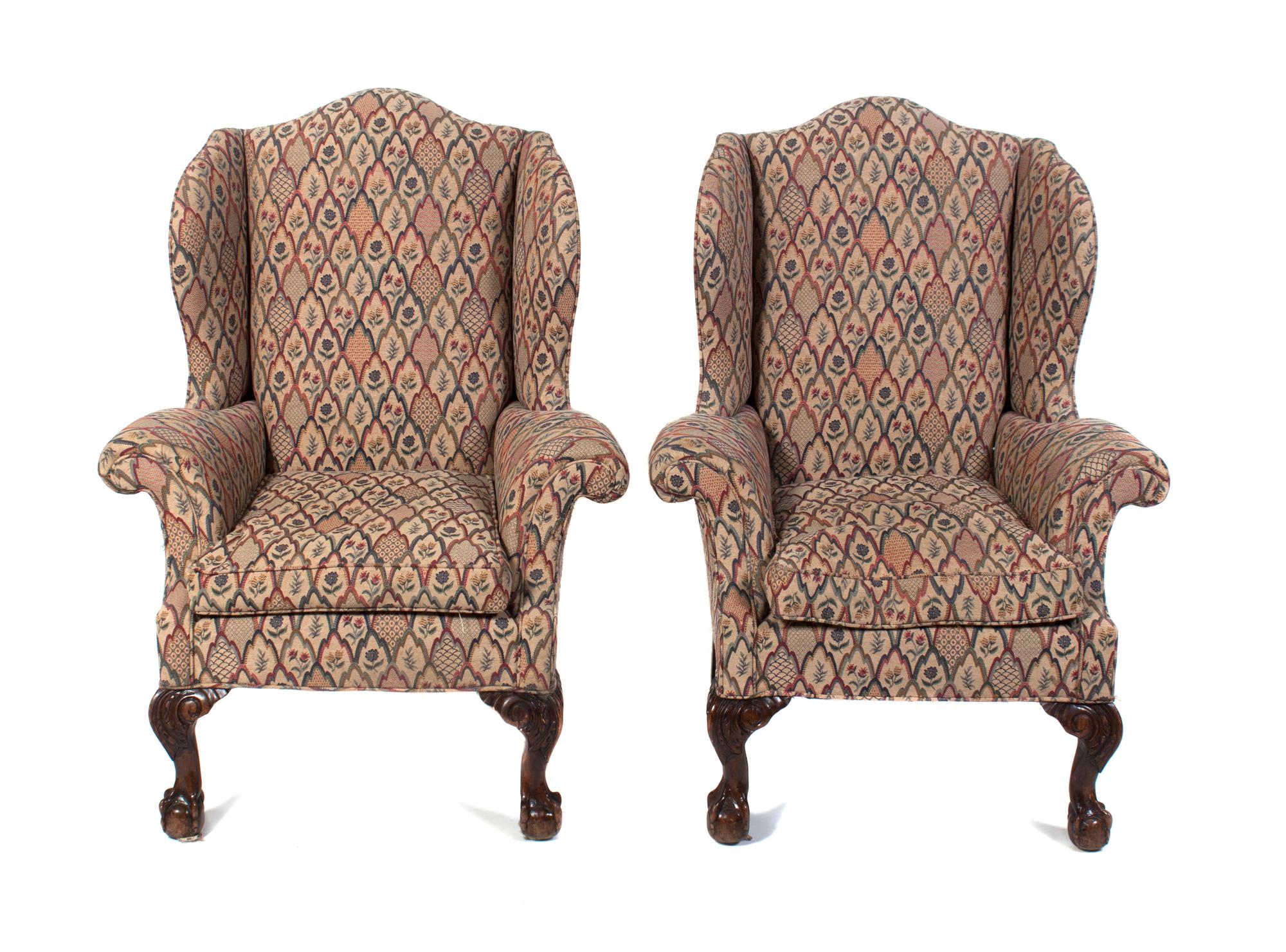 A Pair of Queen Anne Style Wingback Armchairs Height 45 1/2 inches. — LATE 19TH CENTURY
