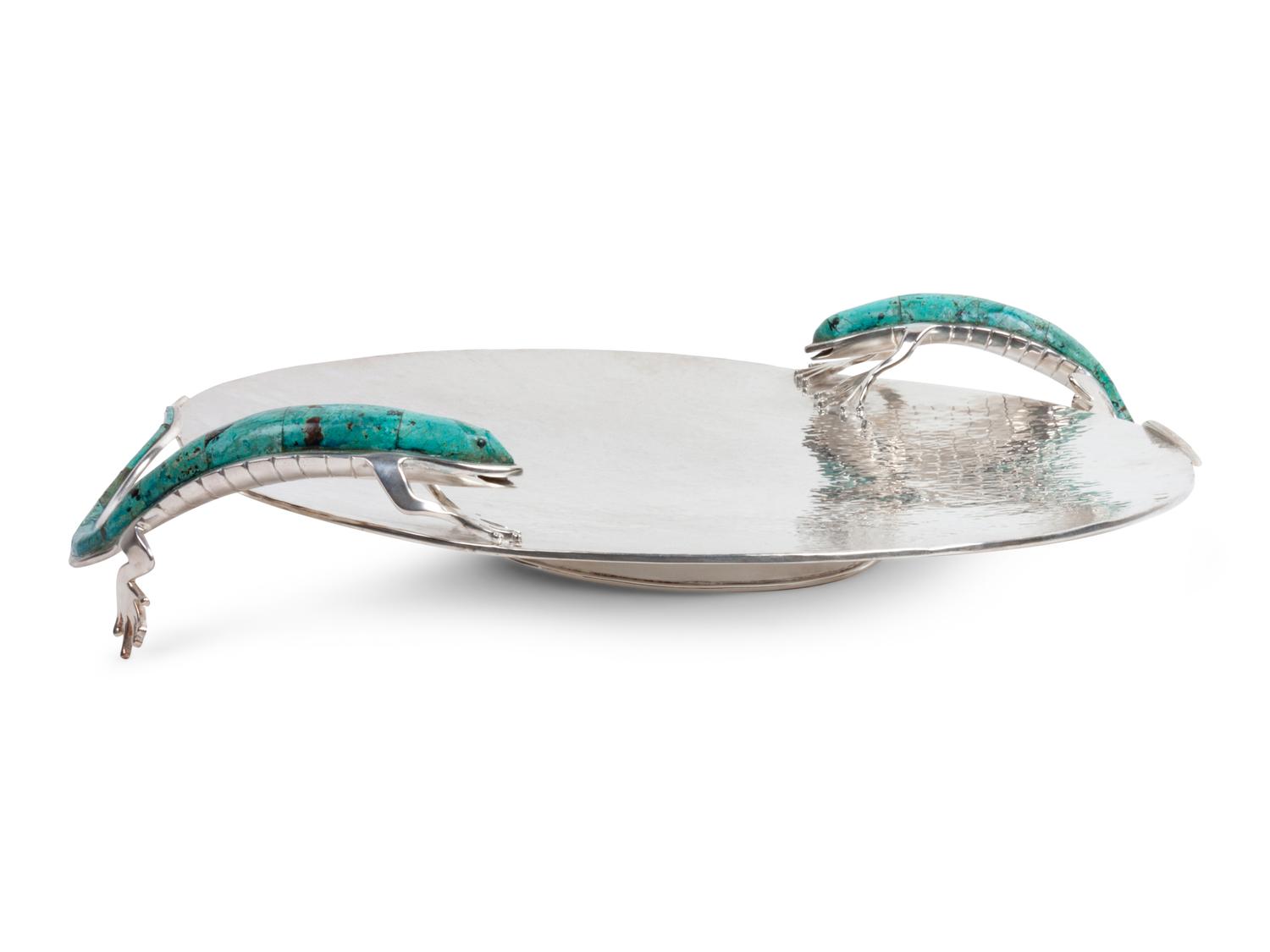 A Mexican Hardstone-Mounted Silver-Plate Tray