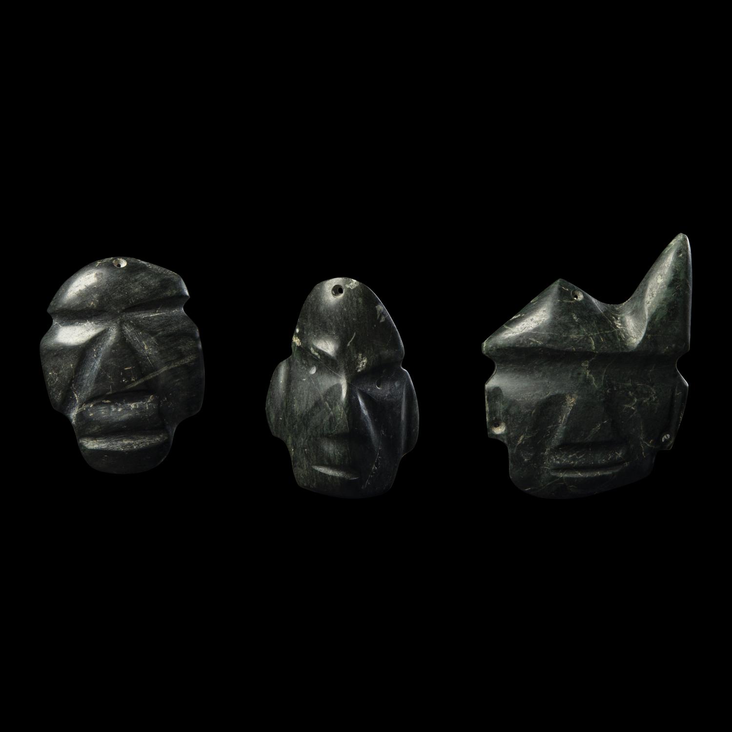 Three Mezcala Greenstone Mask Pendants