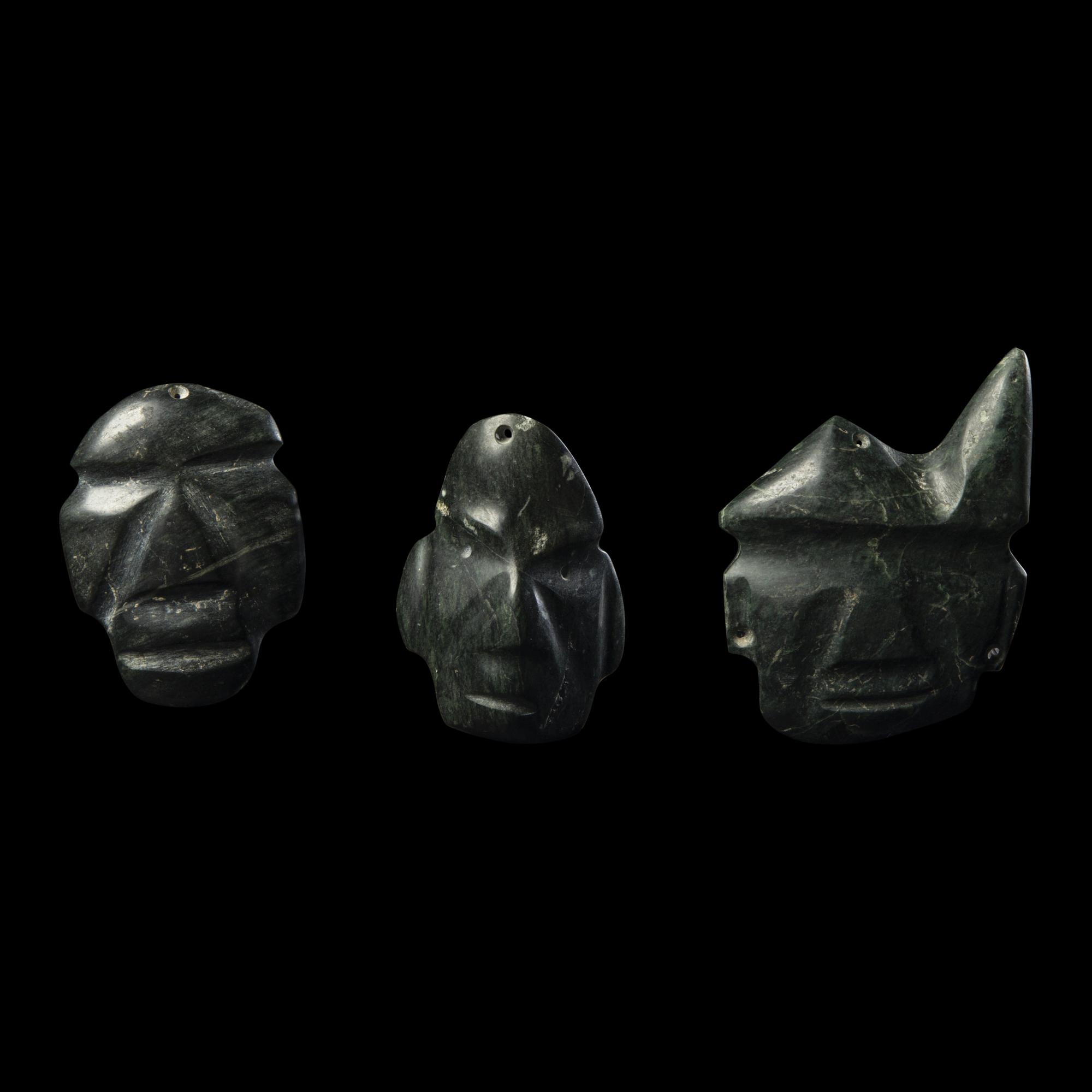 Three Mezcala Greenstone Mask Pendants
