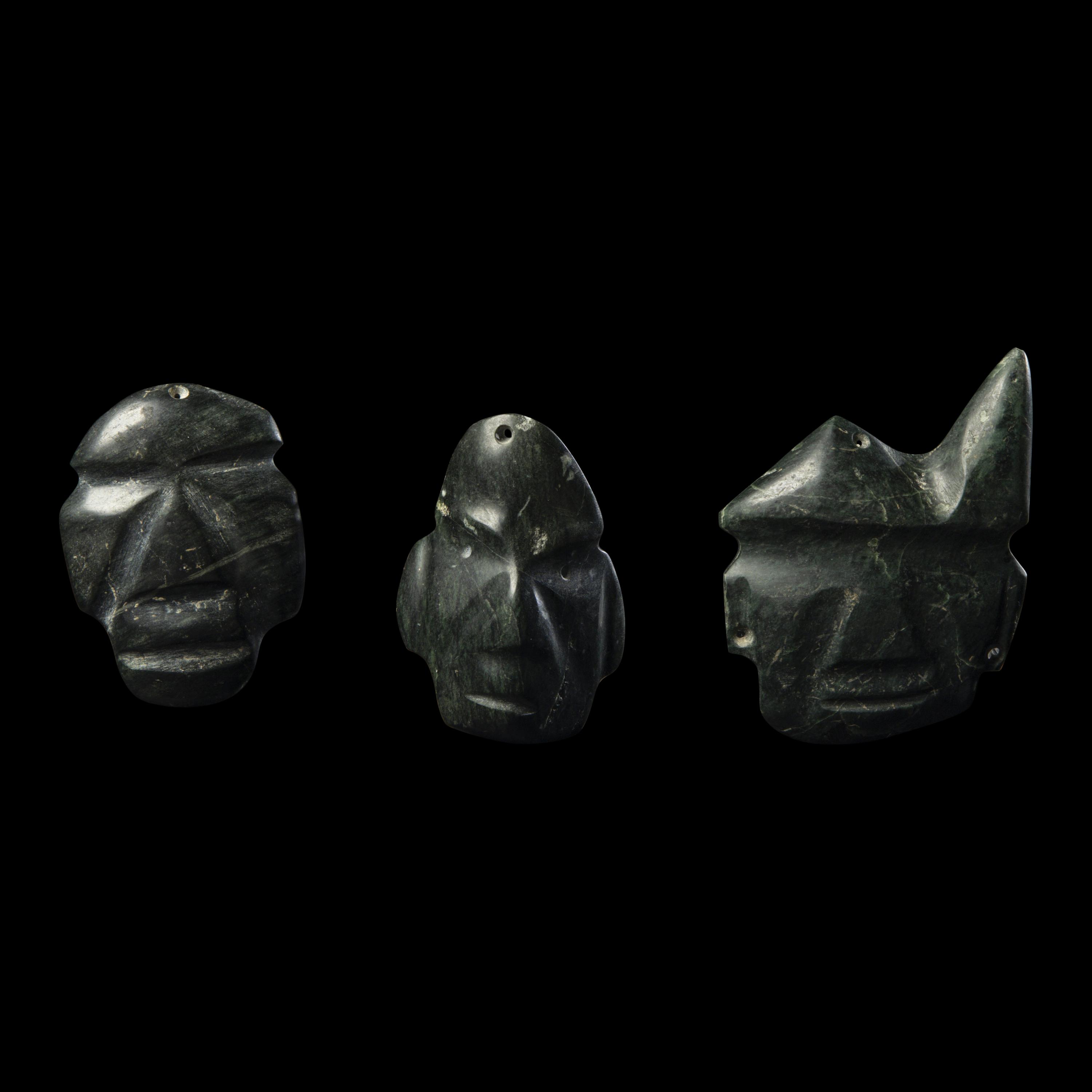 Three Mezcala Greenstone Mask Pendants