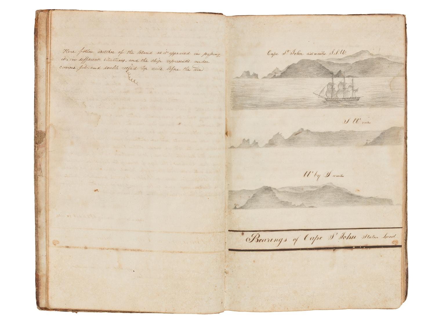 [US NAVY] -- [MARITIME]. Manuscript journal containing "Remarks and observations of Lt. Paulding of the U.S. Frigate Macedonian Commanded by John Downes, Esq. And bound on a Cruise in the Pacific Ocean." Illustrated. Ca. 1818-1828.