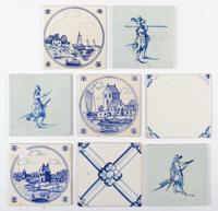 A Collection of Continental Pottery Tiles Largest tile 5 1/2 x width 5 1/2 inches.