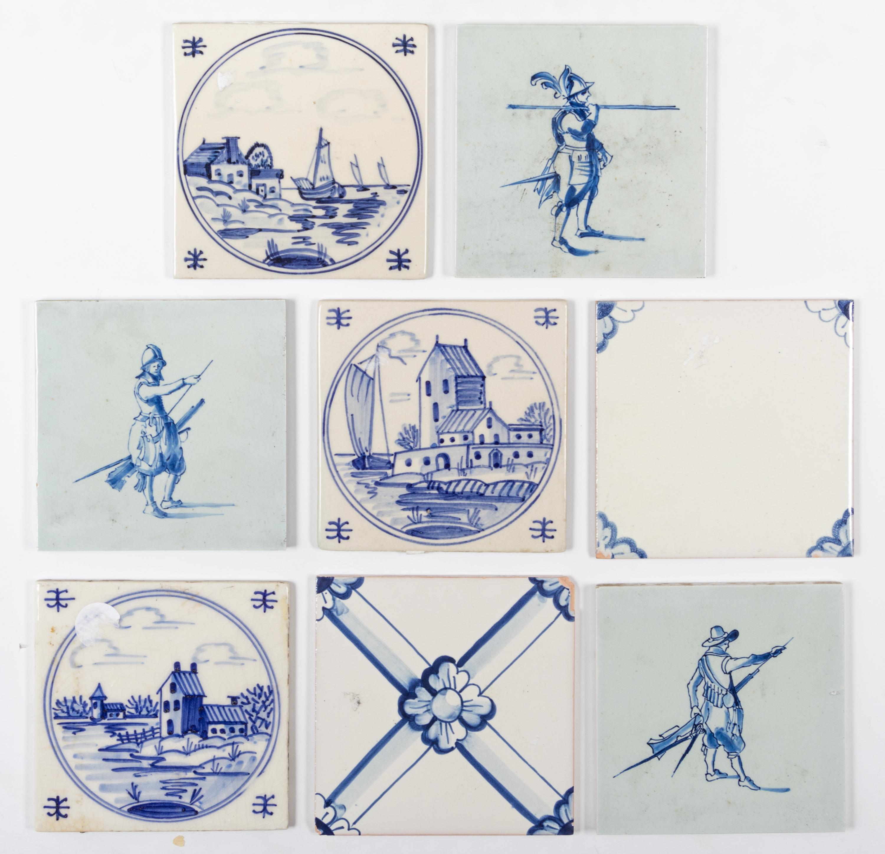 A Collection of Continental Pottery Tiles Largest tile 5 1/2 x width 5 1/2 inches.