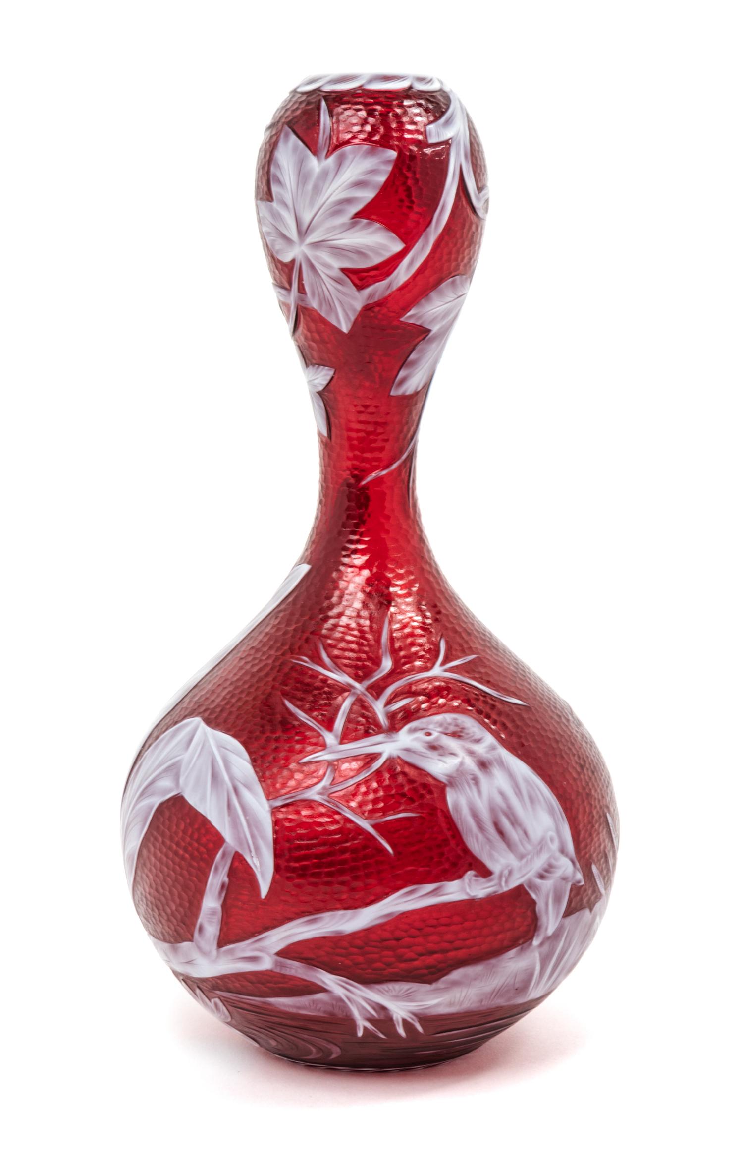 Stevens & Williams, LATE 19TH CENTURY, by J. Millward a cameo glass vase, of double gourd form, decorated with a bird seated on a leafy